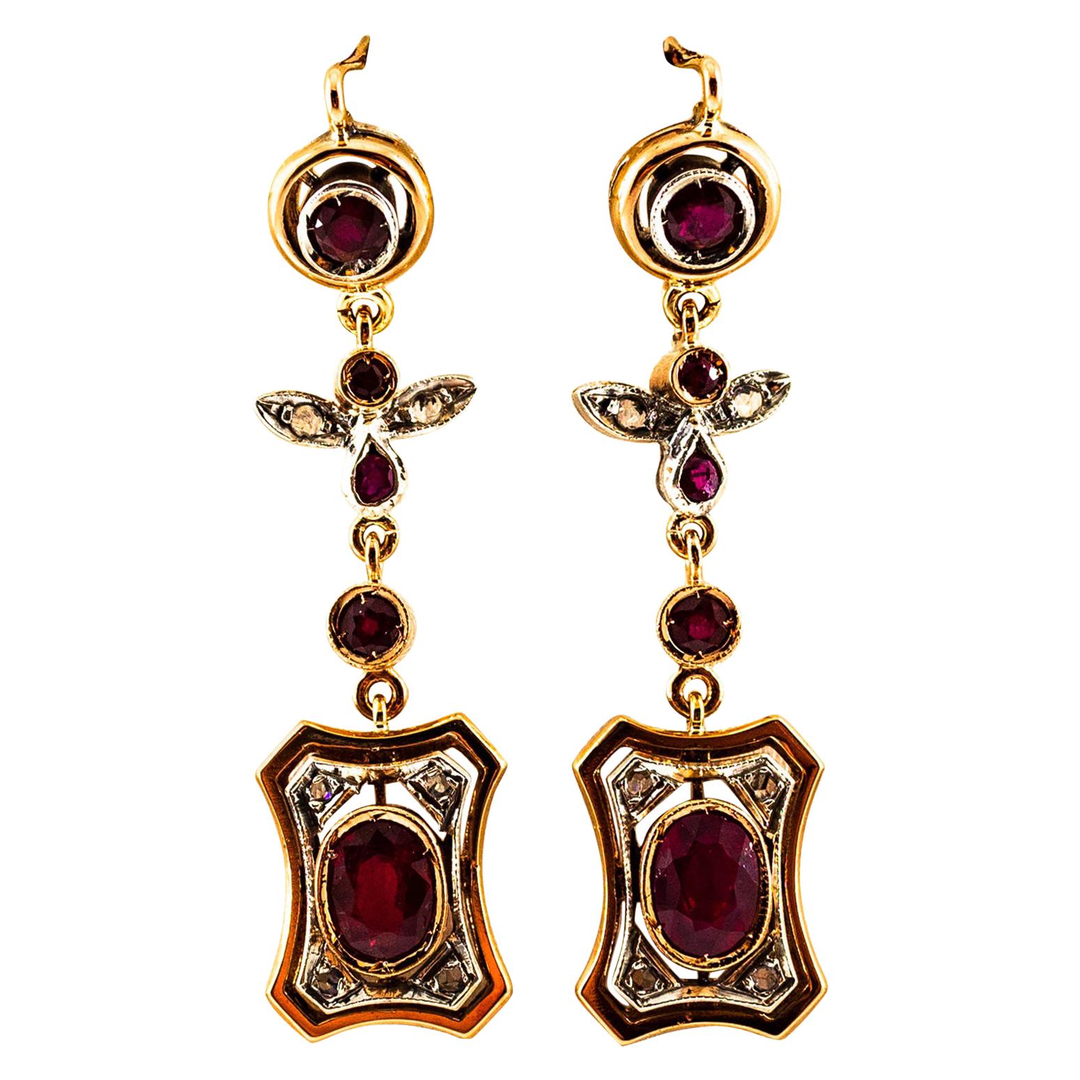 Art Deco Style 2.60 Carat White Rose Cut Diamond Ruby Yellow Gold Drop Earrings