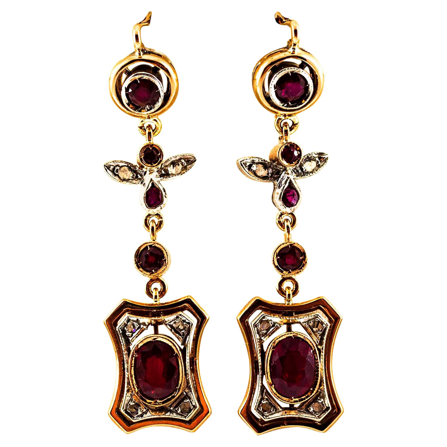 Art Deco Style 2.60 Carat White Rose Cut Diamond Ruby Yellow Gold Drop Earrings For Sale