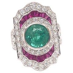 Art Deco Style 2.66 Carat Emerald with Rubies & Diamonds Ring 18k White Gold