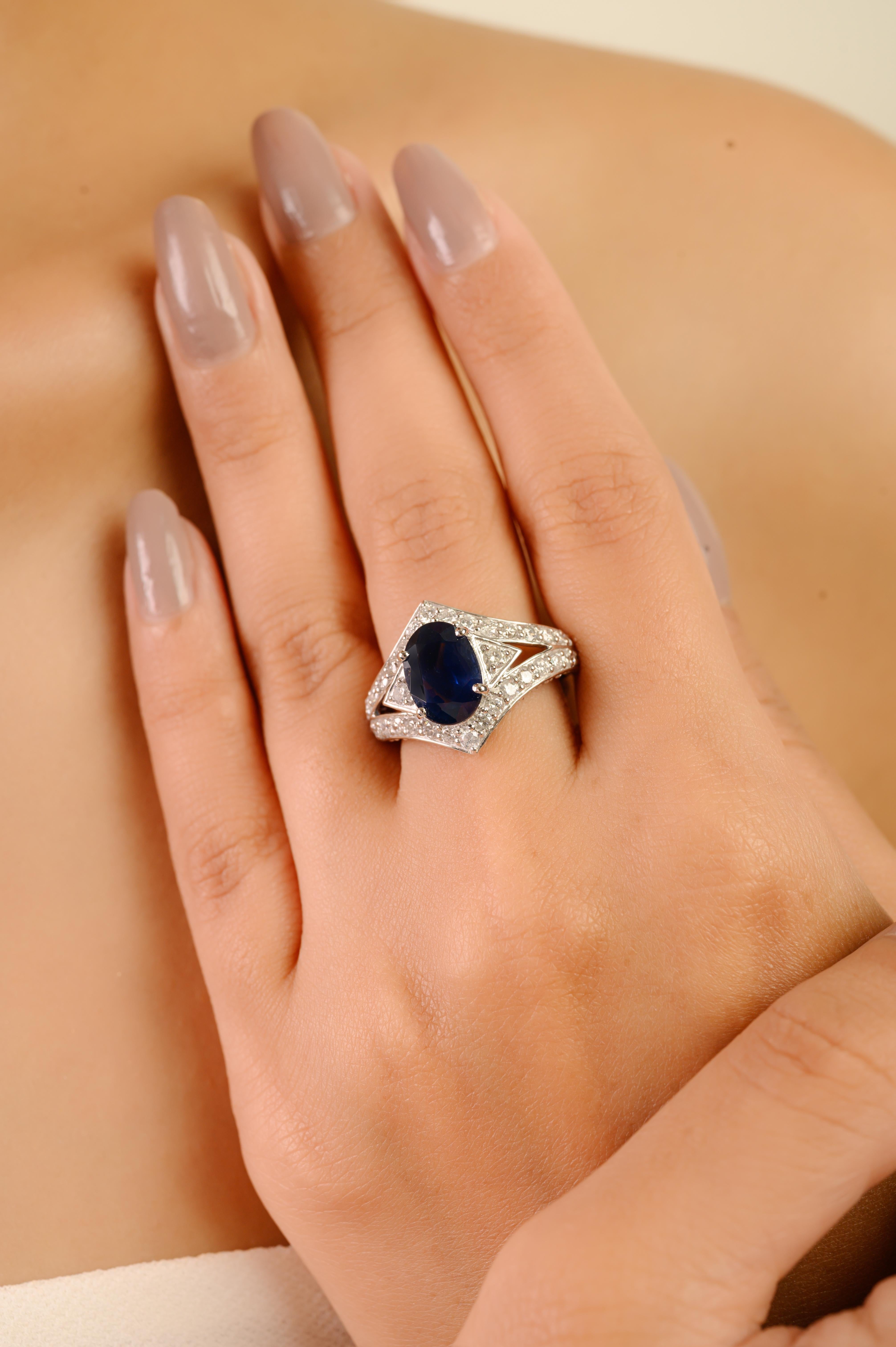 in vendita:  Anello da cocktail in stile Art Deco con zaffiro blu profondo e diamanti da 2,6 carati, oro bianco 14 carati 2