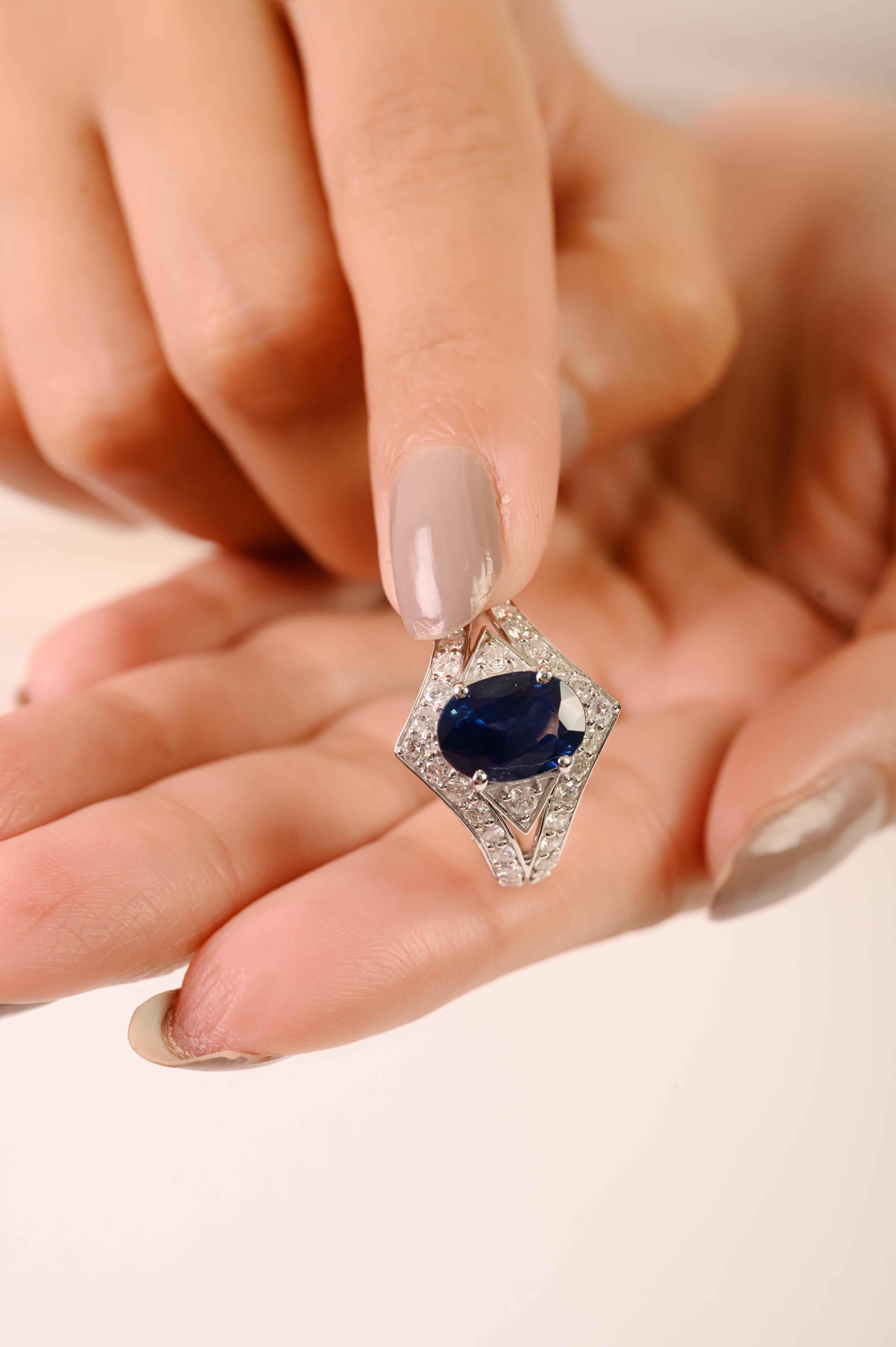 in vendita:  Anello da cocktail in stile Art Deco con zaffiro blu profondo e diamanti da 2,6 carati, oro bianco 14 carati 6