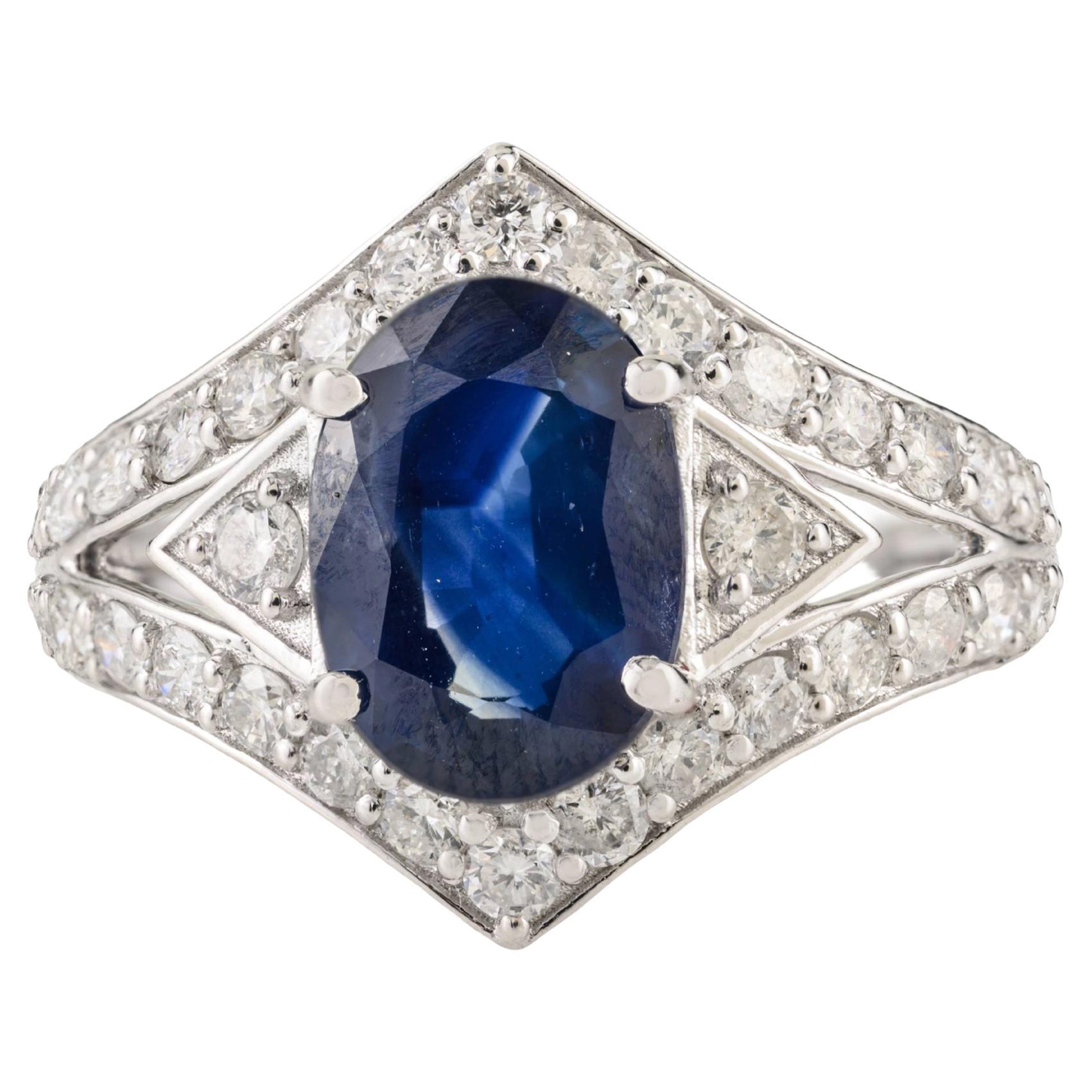 Art Deco Stil 2,6Kt tiefblauer Saphir 
Diamant Cocktail Ring 14K Weißgold