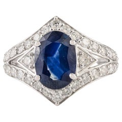 Art Deco Stil 2,6Kt tiefblauer Saphir 
Diamant Cocktail Ring 14K Weißgold