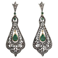 Art Deco Style 2.70 Carat White Diamond Emerald Yellow Gold Lever-Back Earrings