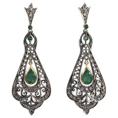 Art Deco Style 2.70 Carat White Diamond Emerald Yellow Gold Lever-Back Earrings