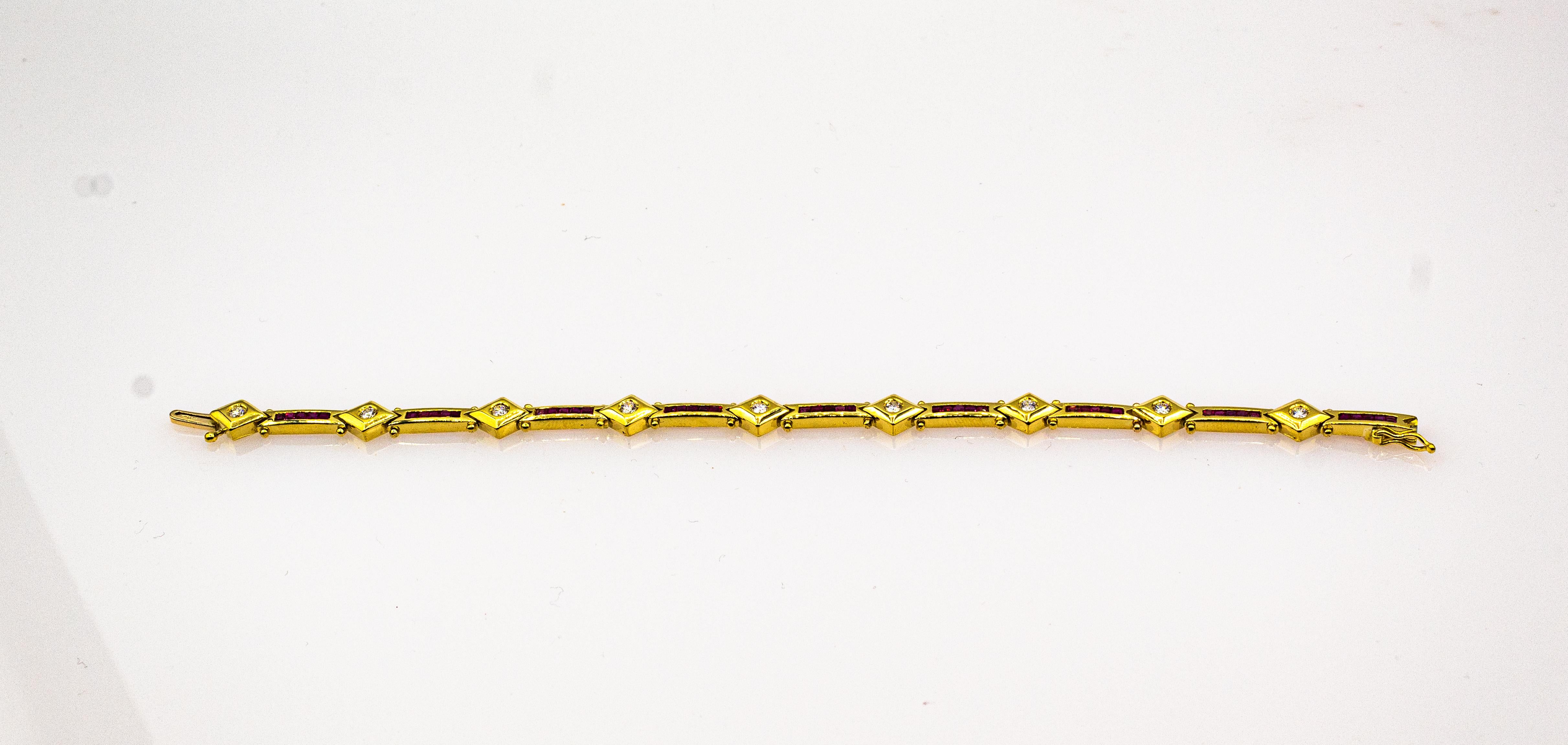 This Bracelet is made of 18K Yellow Gold.
This Bracelet has 0.72 Carats of White Brilliant Cut Diamonds.
This Bracelet has 2.00 Carats of Carré Cut Natural Rubies.

We're a workshop so every piece is handmade, customizable and resizable.