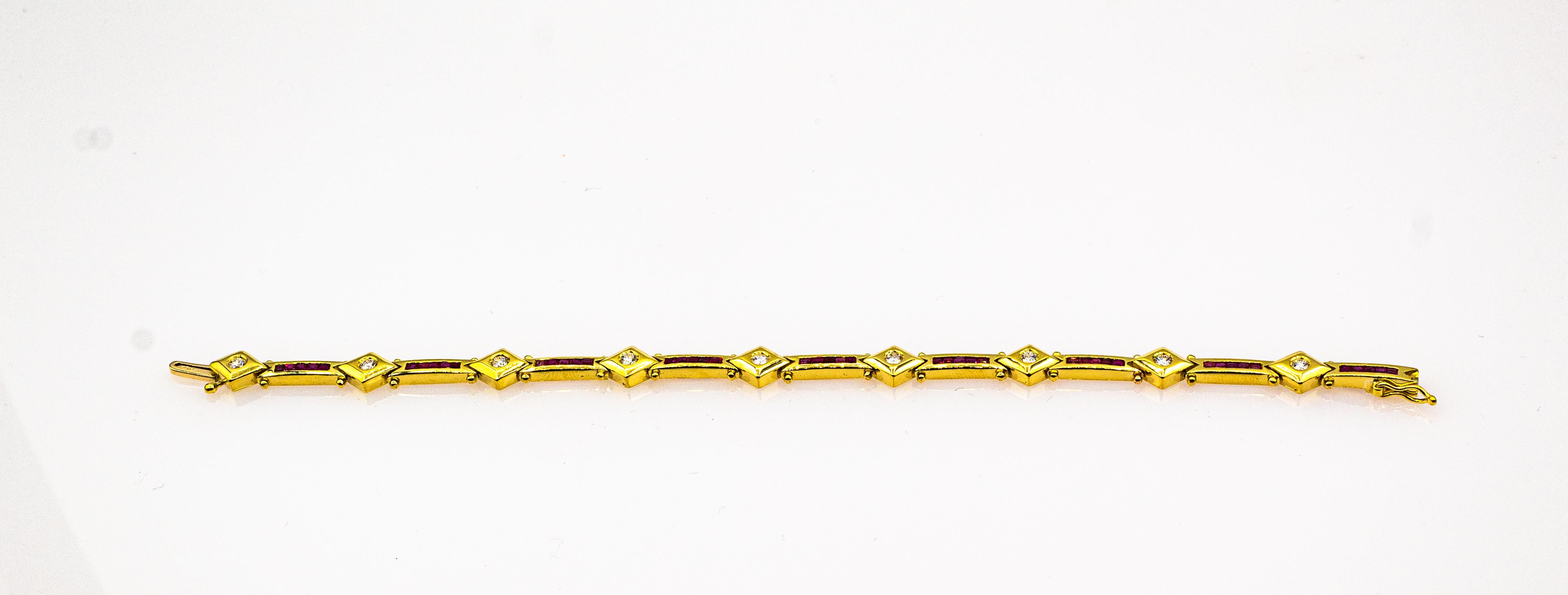 Brilliant Cut Art Deco Style 2.72 Carat White Diamond Ruby Yellow Gold Tennis Bracelet