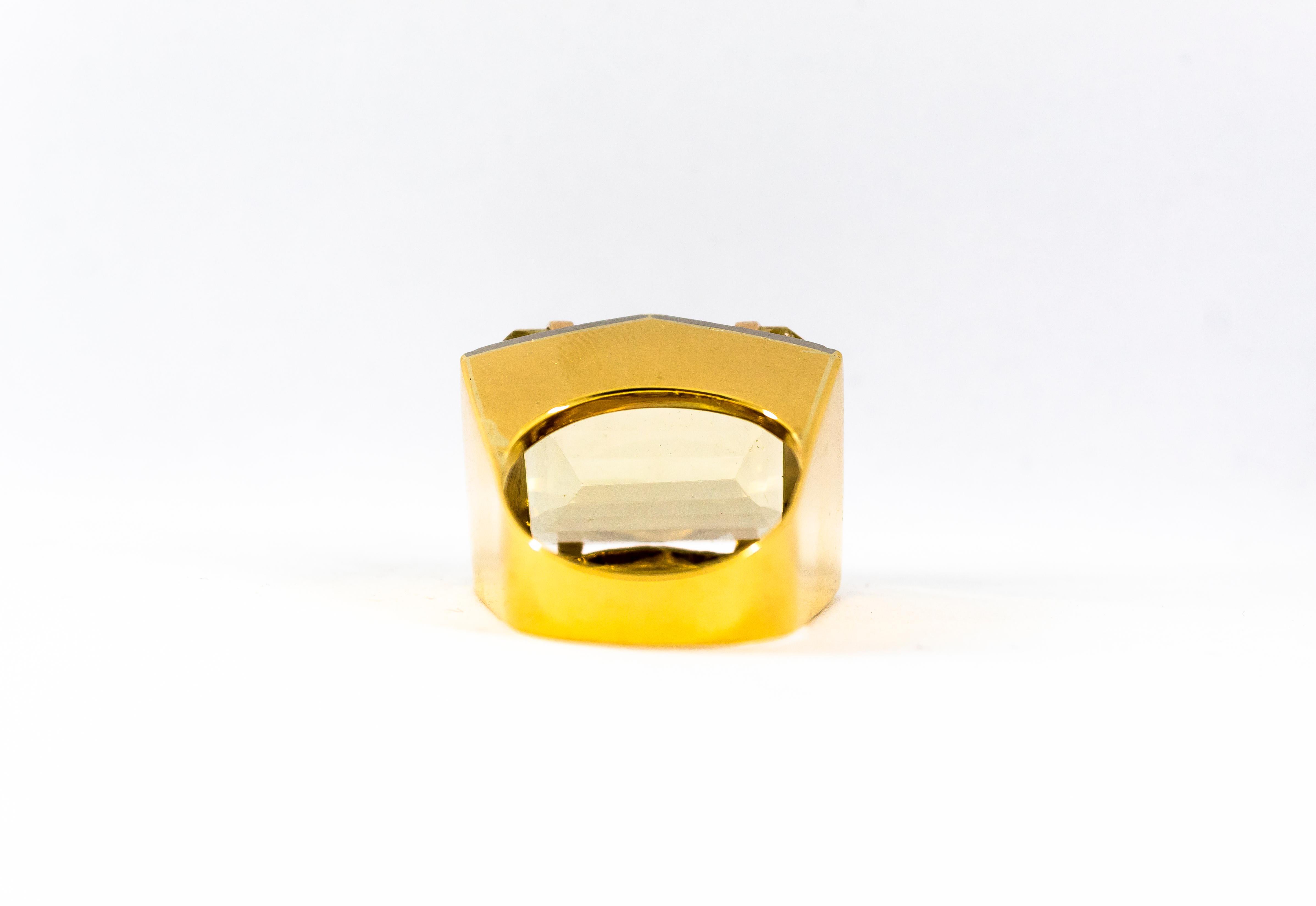 Art Deco Style 28.25 Carat White Diamond Citrine Yellow Gold Cocktail Ring For Sale 9