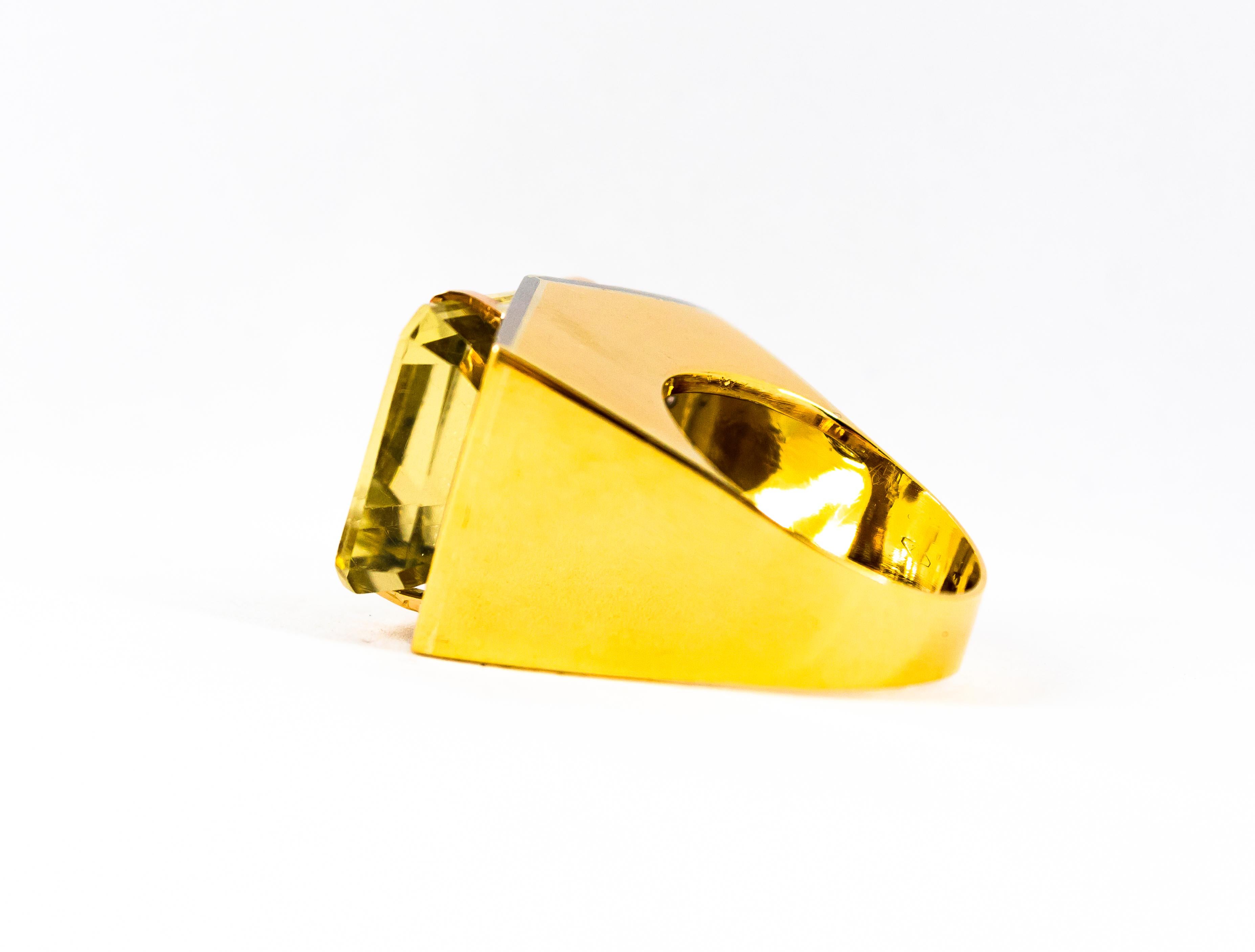 Art Deco Style 28.25 Carat White Diamond Citrine Yellow Gold Cocktail Ring For Sale 10