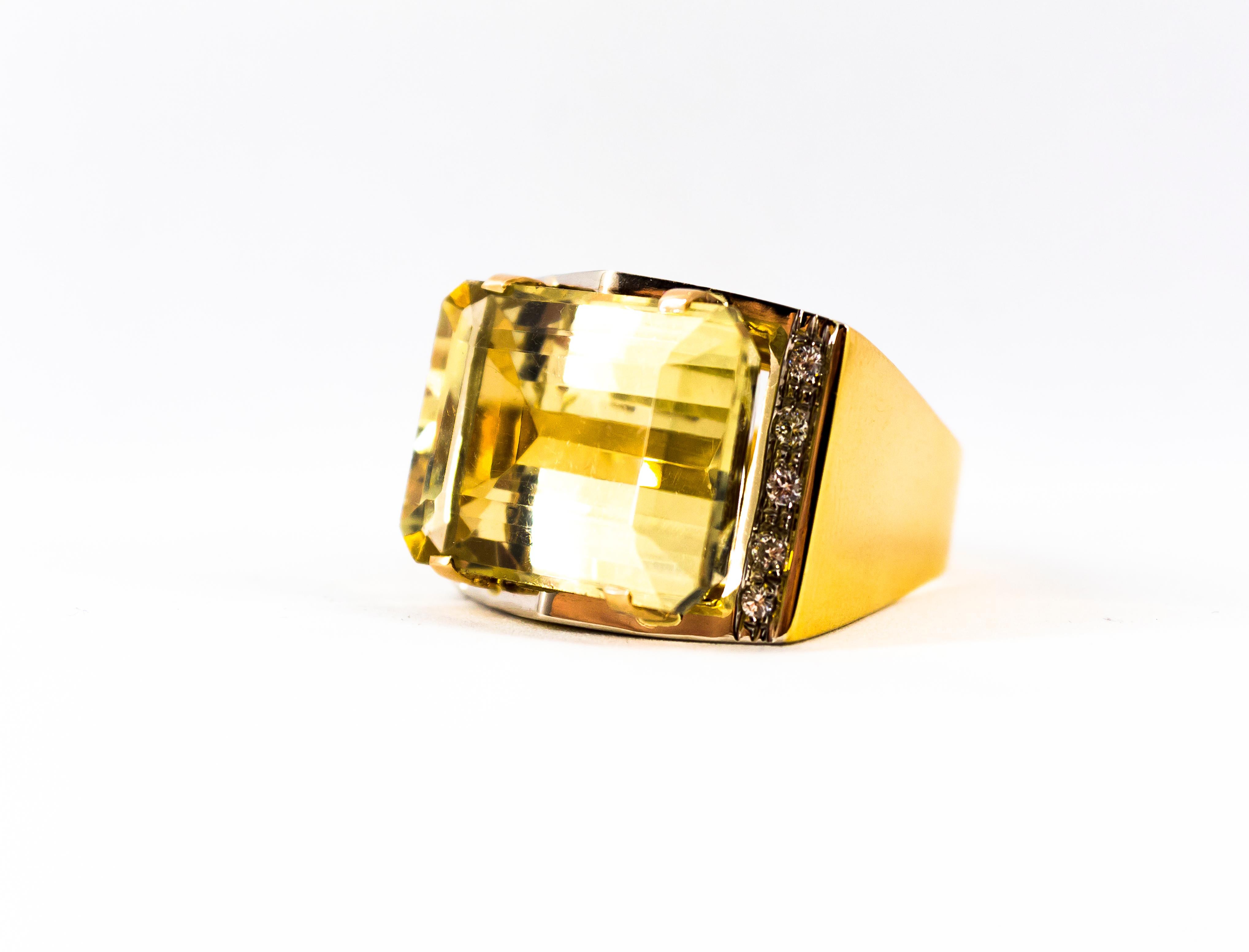 Art Deco Style 28.25 Carat White Diamond Citrine Yellow Gold Cocktail Ring For Sale 11