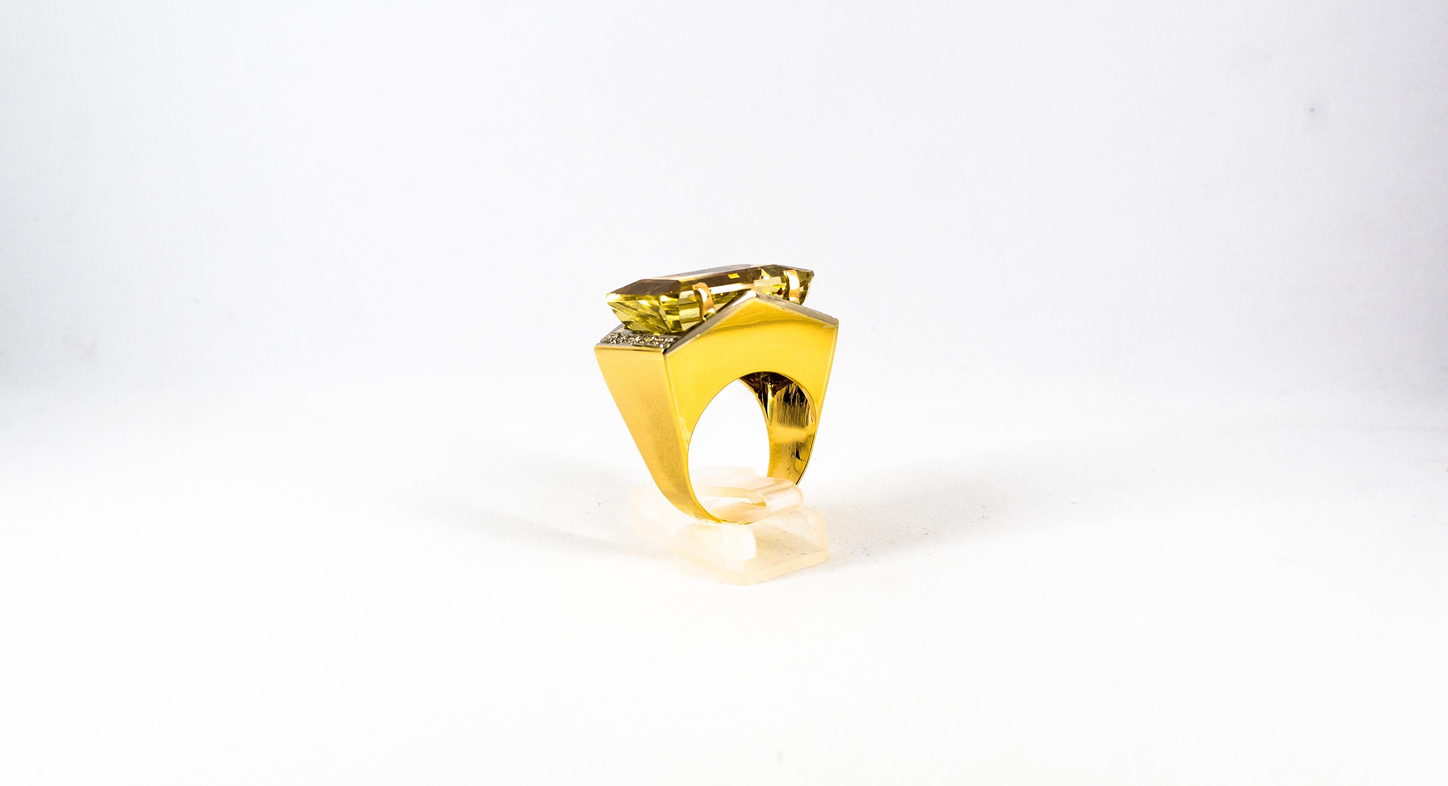Women's or Men's Art Deco Style 28.25 Carat White Diamond Citrine Yellow Gold Cocktail Ring For Sale