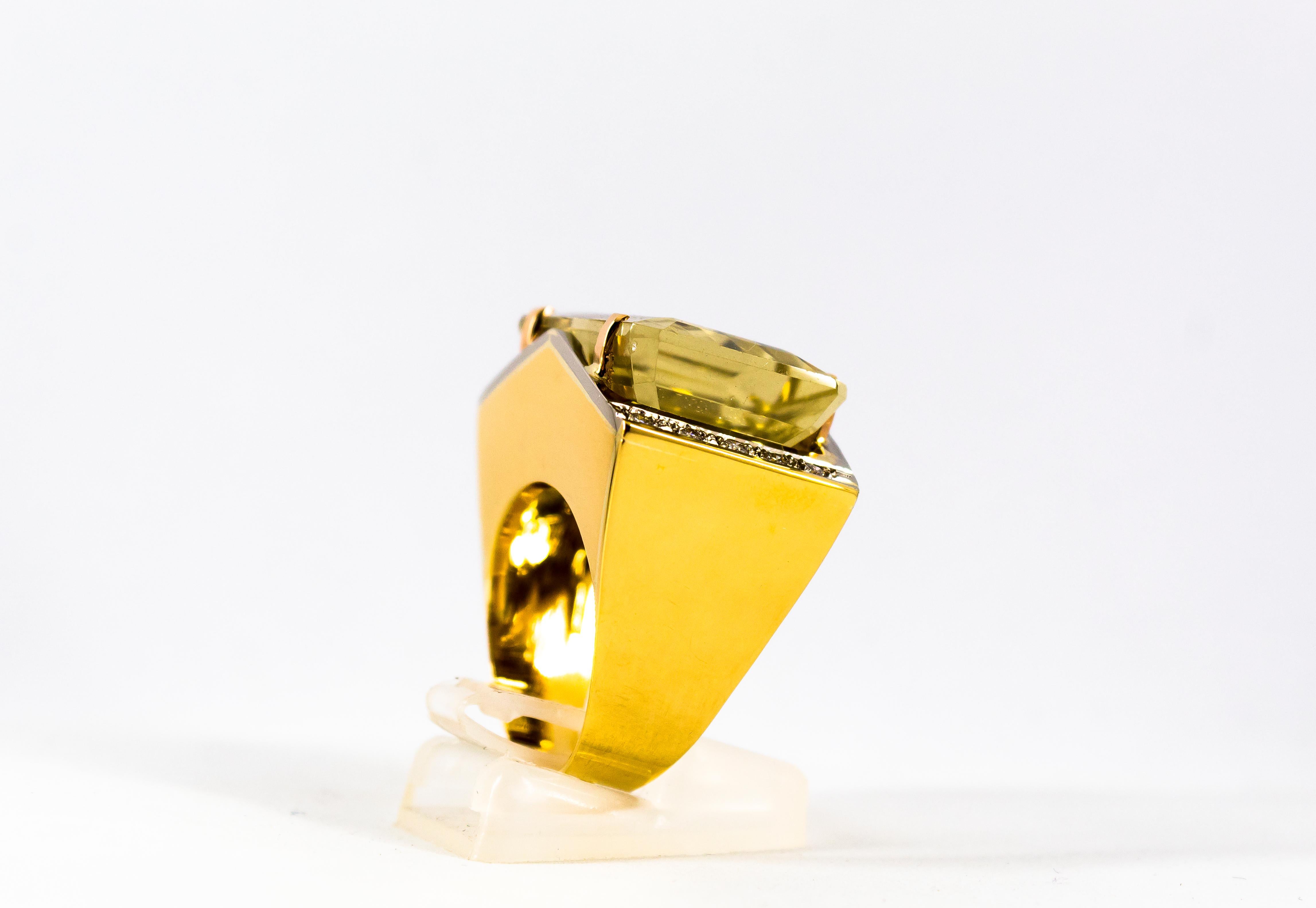 Art Deco Style 28.25 Carat White Diamond Citrine Yellow Gold Cocktail Ring For Sale 2