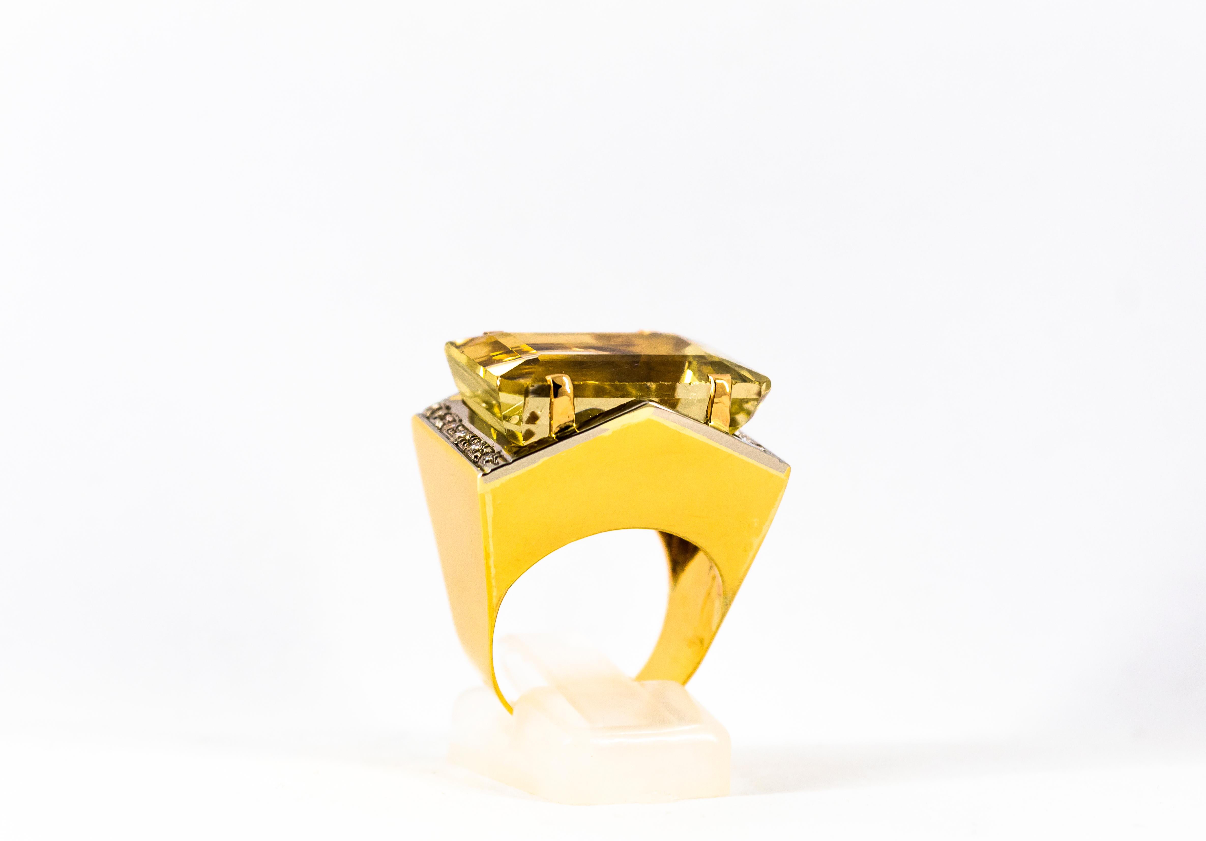 Art Deco Style 28.25 Carat White Diamond Citrine Yellow Gold Cocktail Ring For Sale 3