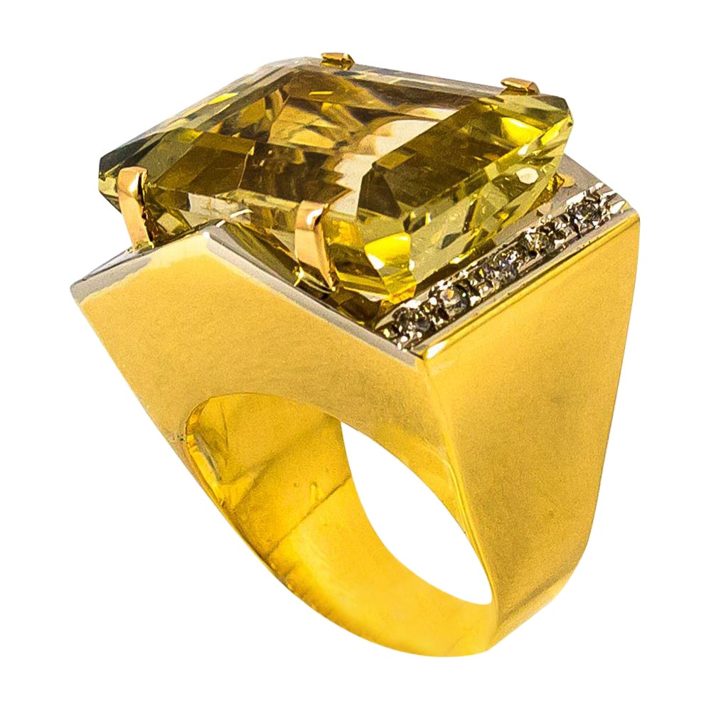 Art Deco Style 28.25 Carat White Diamond Citrine Yellow Gold Cocktail Ring