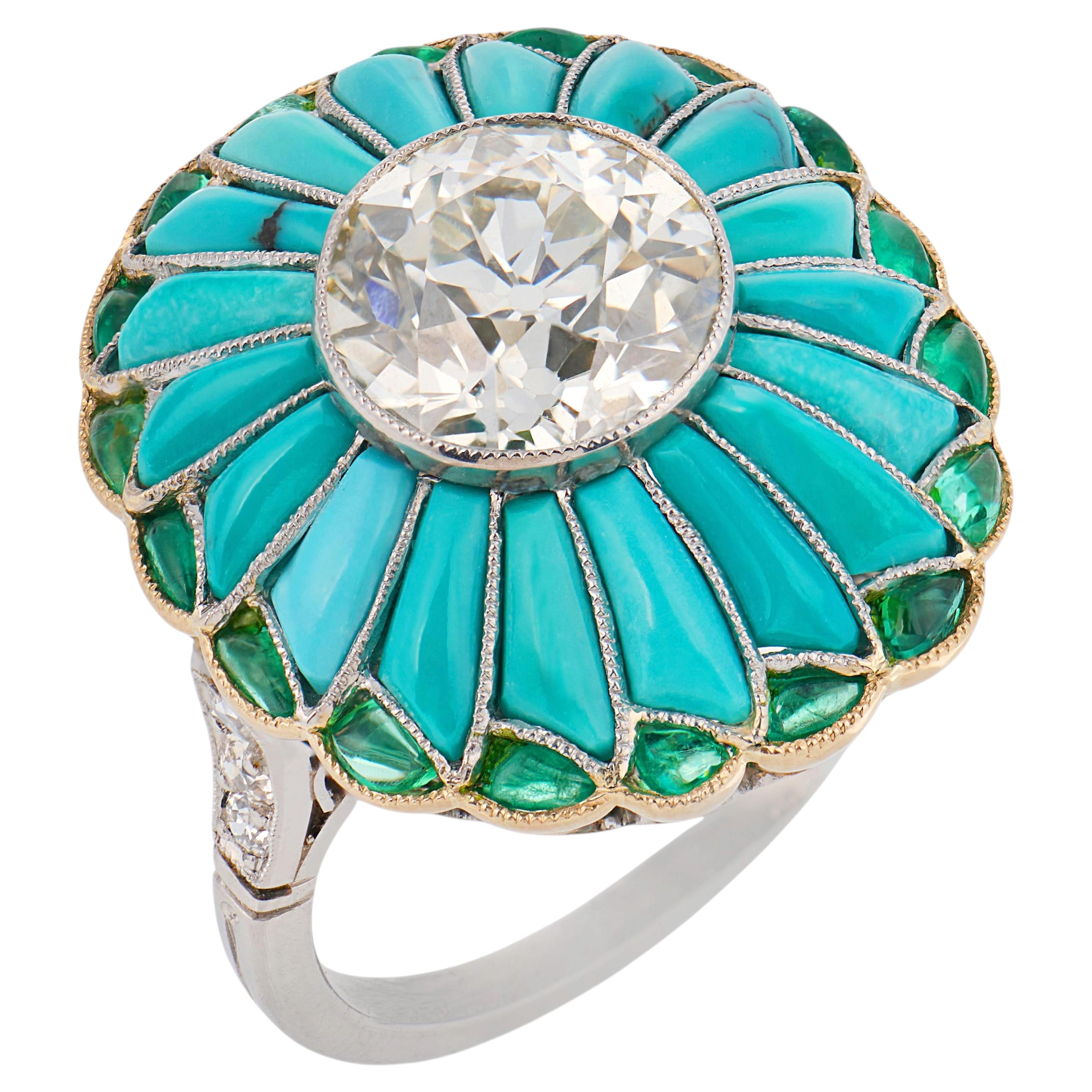 Art Deco style 2.84 carat diamond turquoise emerald platinum cocktail ring