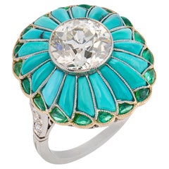 Art Deco style 2.84 carat diamond turquoise emerald platinum cocktail ring