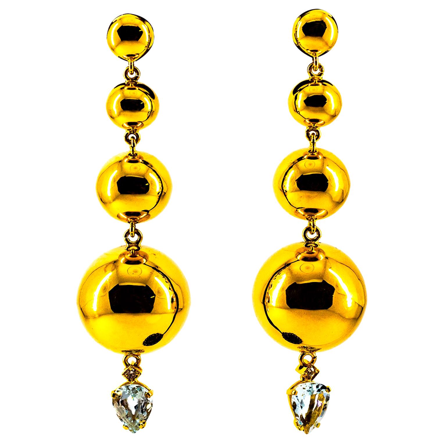 Art Deco Style 2.85 Carat White Diamond Aquamarine Yellow Gold Stud Earrings