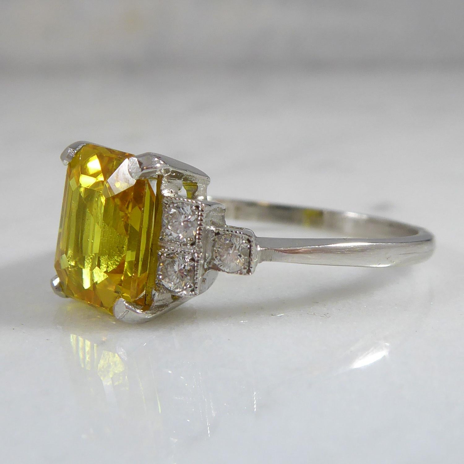 Octagon Cut Art Deco Style 2.87 Carat Yellow Sapphire and Diamond Ring, Contemporary Design