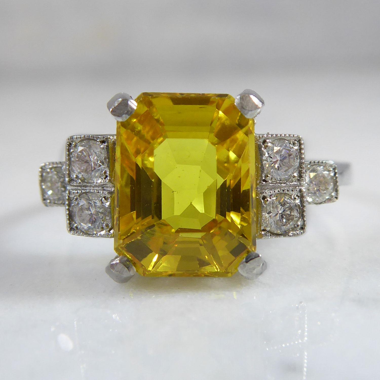 Art Deco Style 2.87 Carat Yellow Sapphire and Diamond Ring, Contemporary Design 1