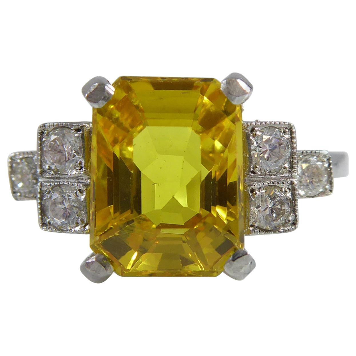 Art Deco Style 2.87 Carat Yellow Sapphire and Diamond Ring, Contemporary Design