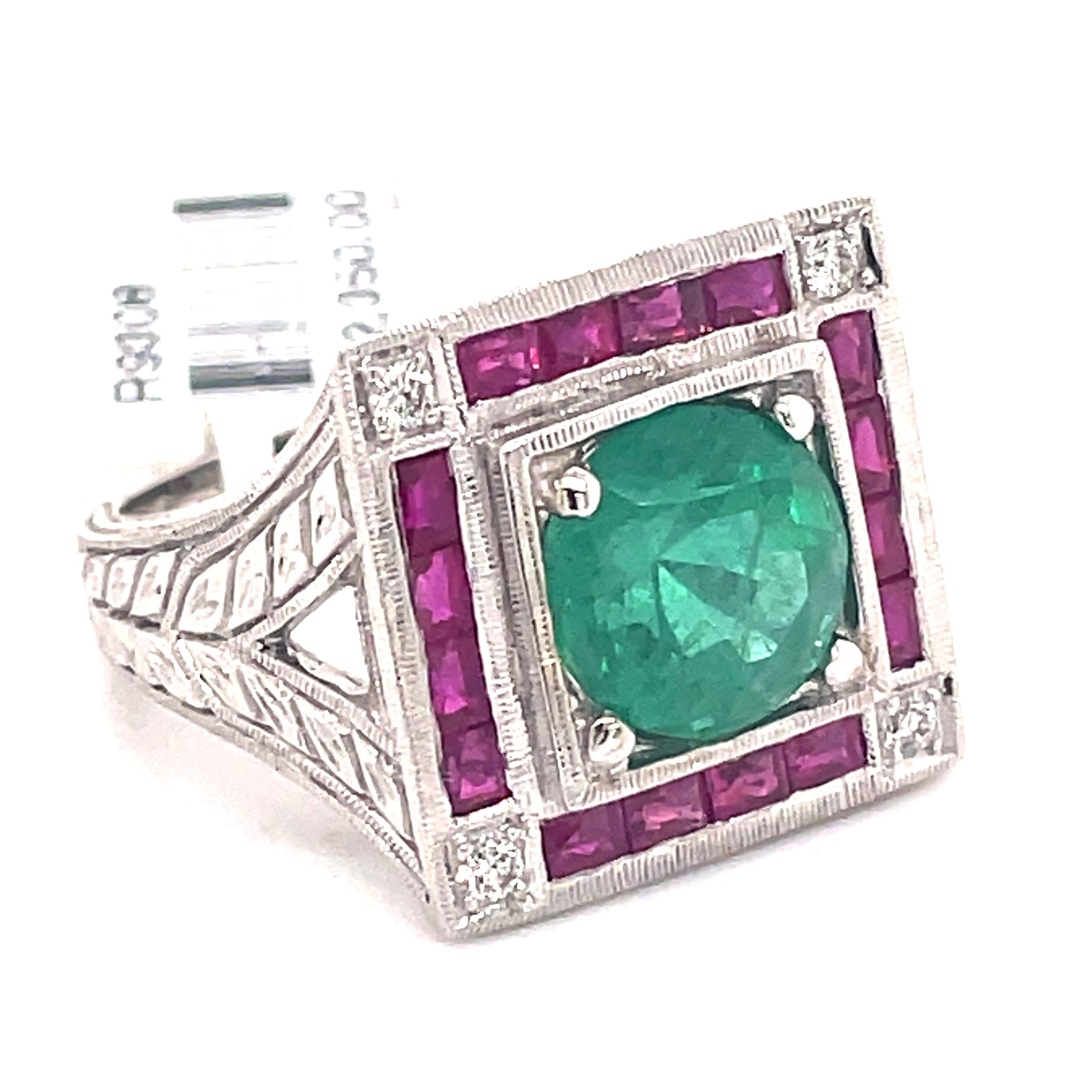 Round Cut Art Deco Style 2.88 Carat Emerald with Rubies & Diamonds Ring 18k White Gold For Sale