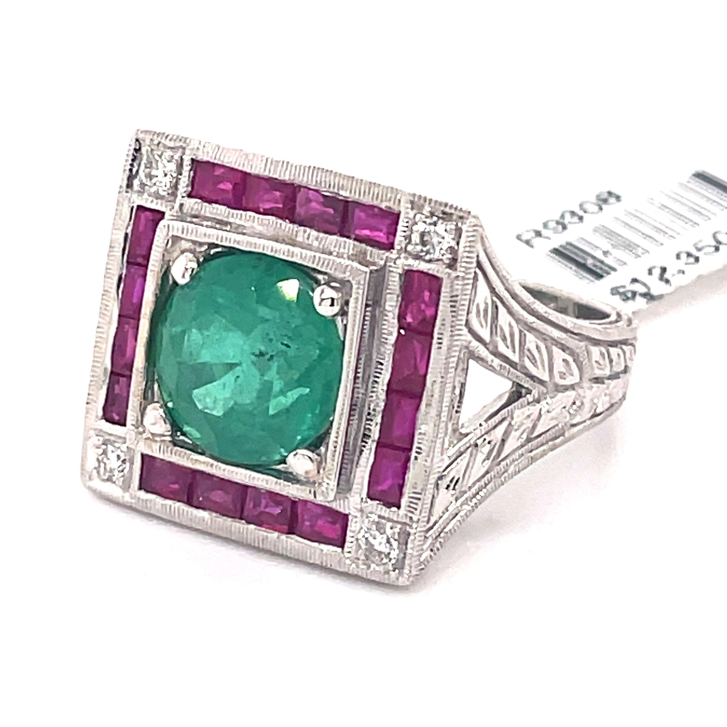 Art Deco Style 2.88 Carat Emerald with Rubies & Diamonds Ring 18k White Gold In New Condition For Sale In BEVERLY HILLS, CA