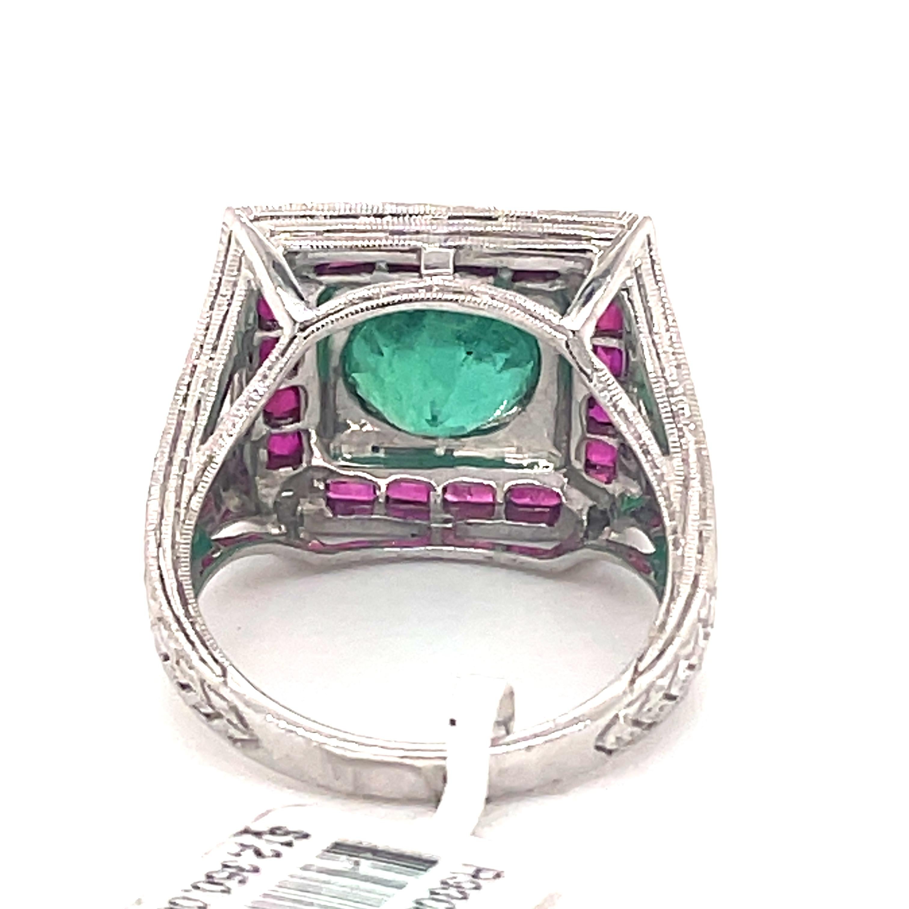 Women's Art Deco Style 2.88 Carat Emerald with Rubies & Diamonds Ring 18k White Gold For Sale