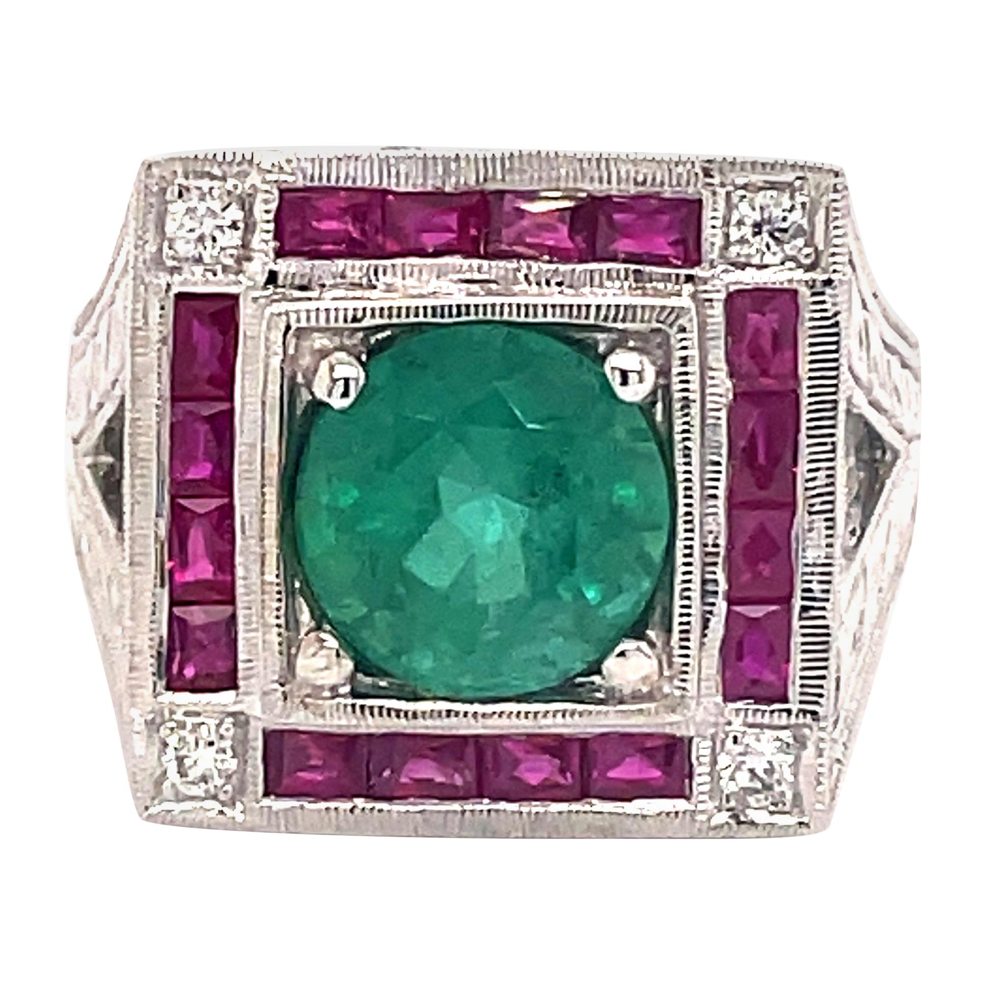 Art Deco Style 2.88 Carat Emerald with Rubies & Diamonds Ring 18k White Gold For Sale