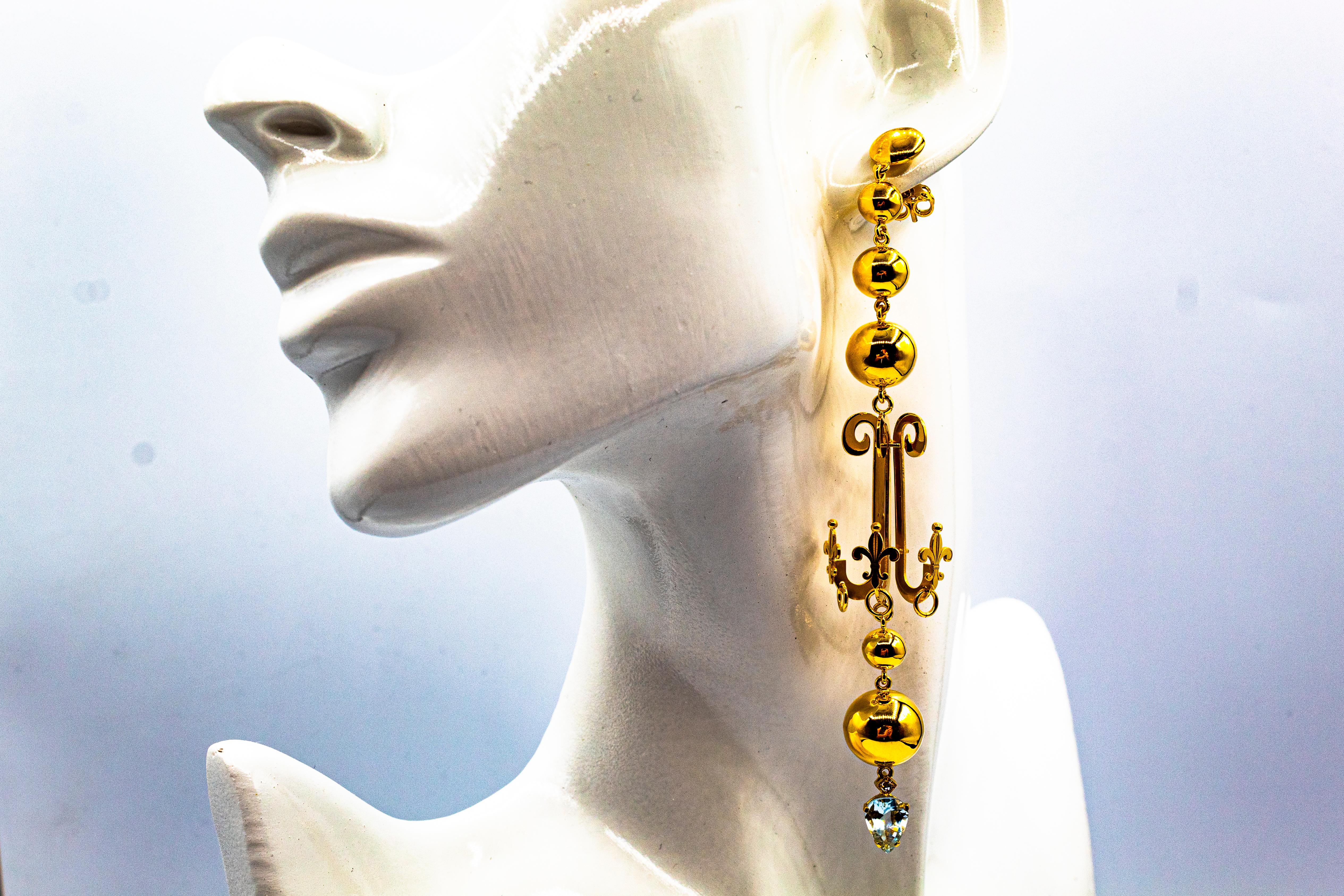 Art Deco Style 2.90 Carat White Diamond Aquamarine Yellow Gold Stud Earrings For Sale 2