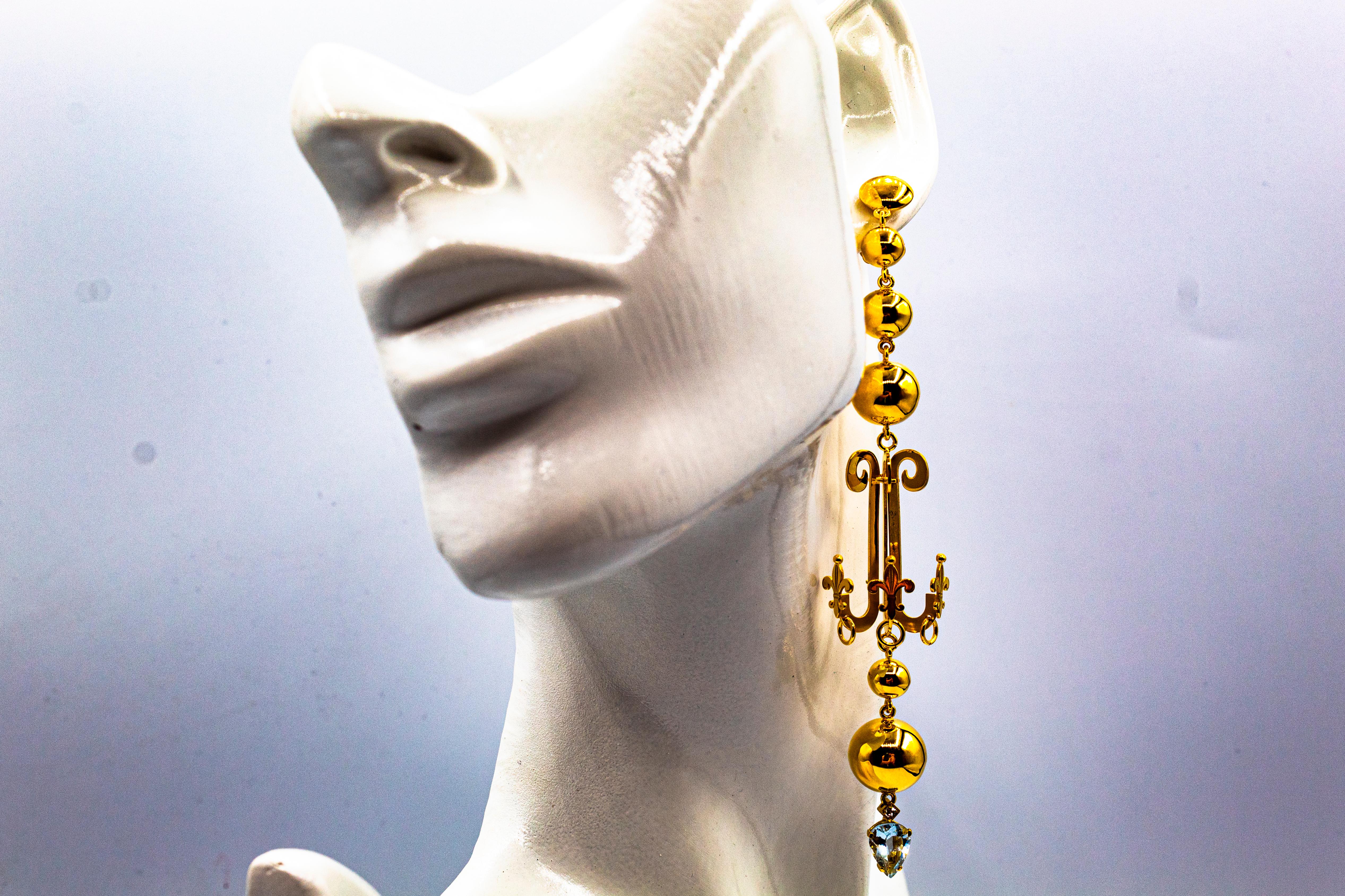 Art Deco Style 2.90 Carat White Diamond Aquamarine Yellow Gold Stud Earrings For Sale 3
