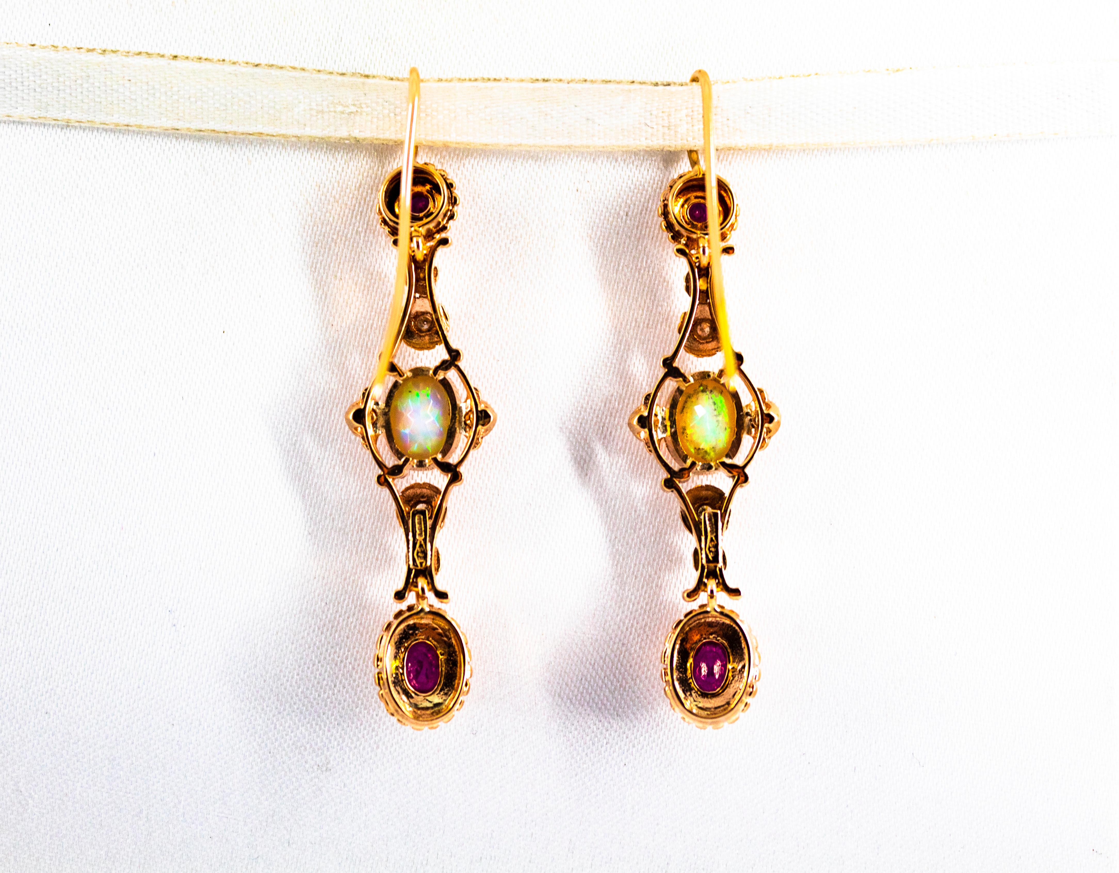 Art Deco Style 2.90 Carat White Diamond Ruby Opal Yellow Gold Stud Earrings For Sale 5