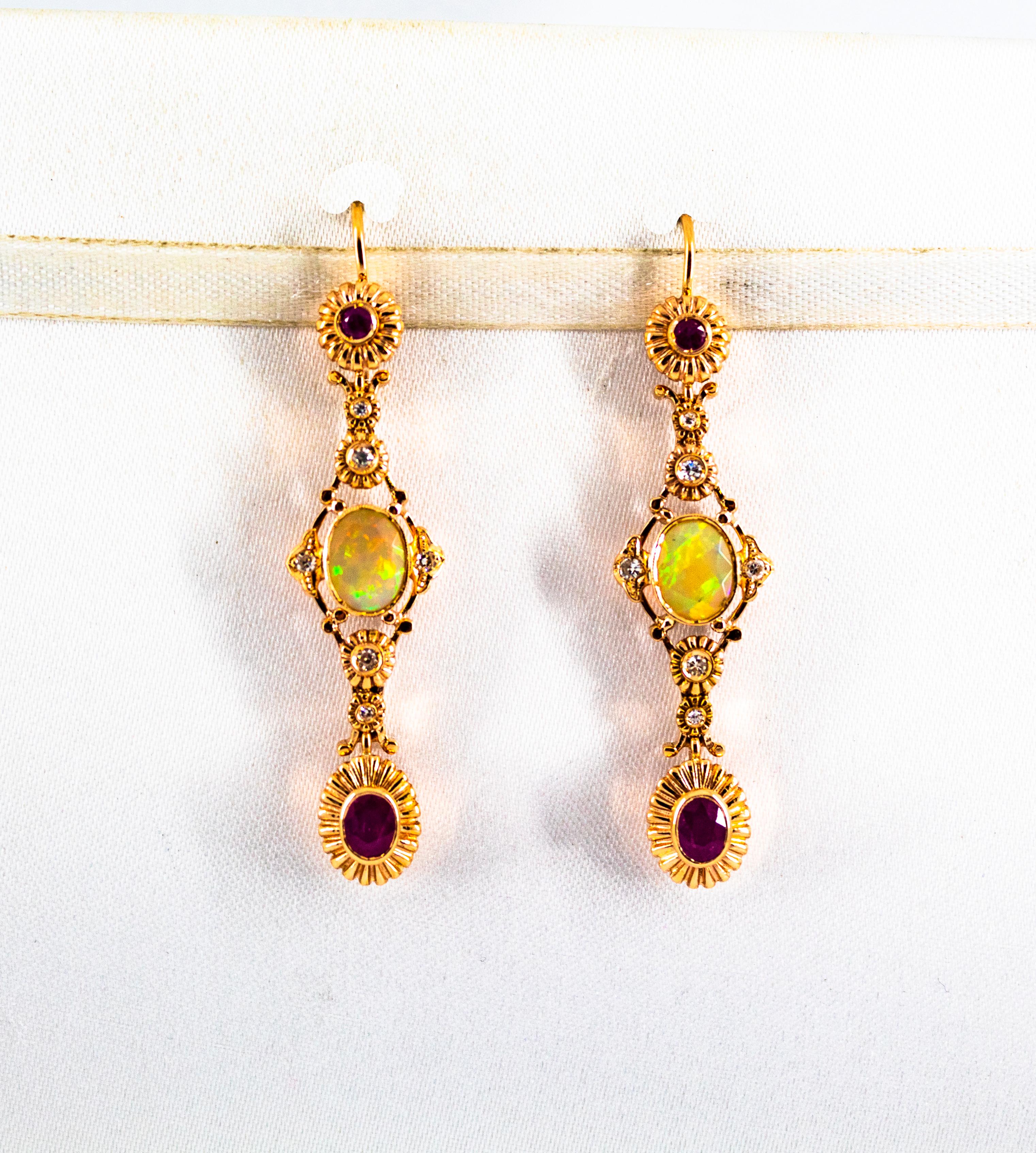 Brilliant Cut Art Deco Style 2.90 Carat White Diamond Ruby Opal Yellow Gold Stud Earrings For Sale