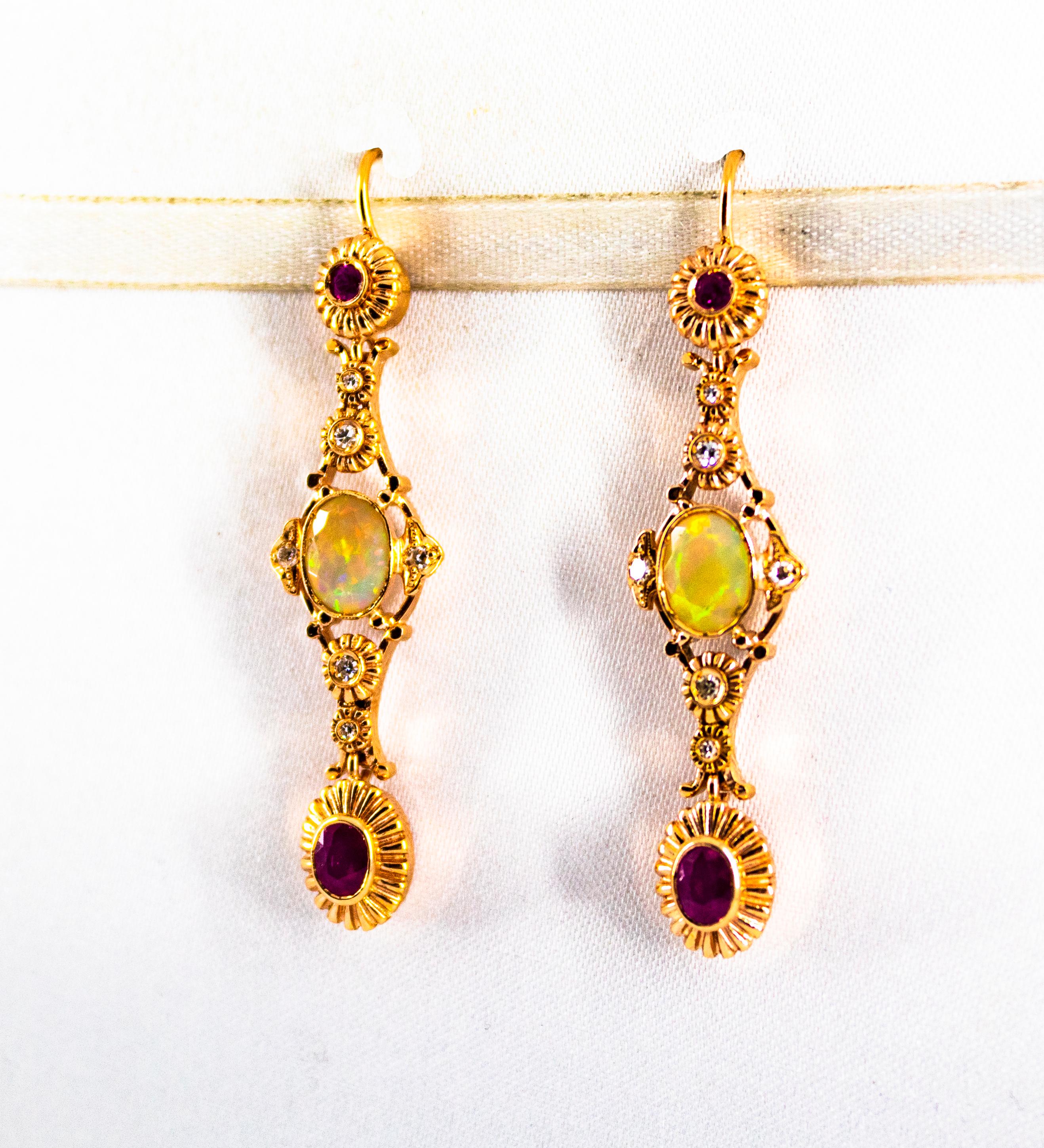 Art Deco Style 2.90 Carat White Diamond Ruby Opal Yellow Gold Stud Earrings In New Condition For Sale In Naples, IT