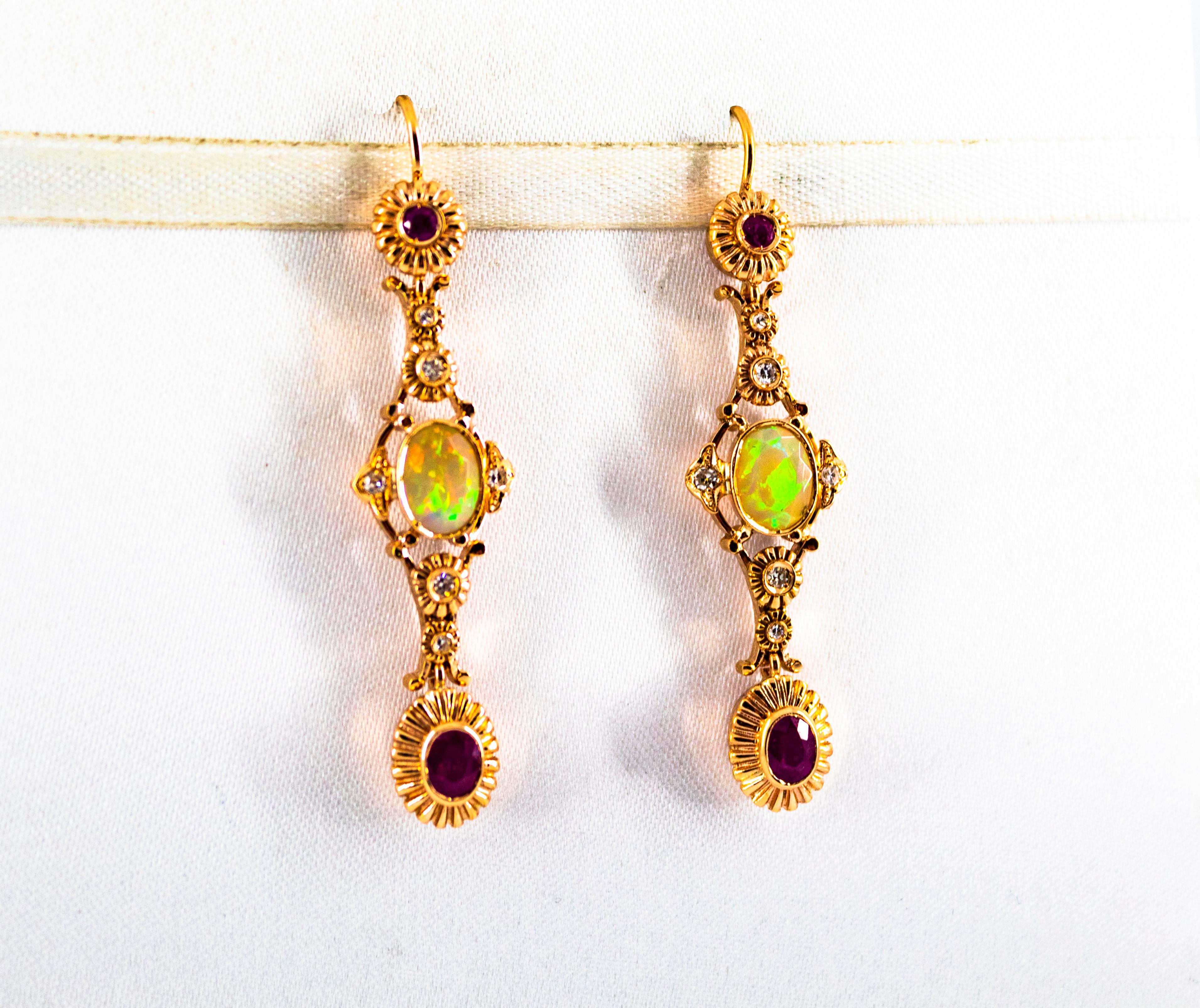 Women's or Men's Art Deco Style 2.90 Carat White Diamond Ruby Opal Yellow Gold Stud Earrings For Sale