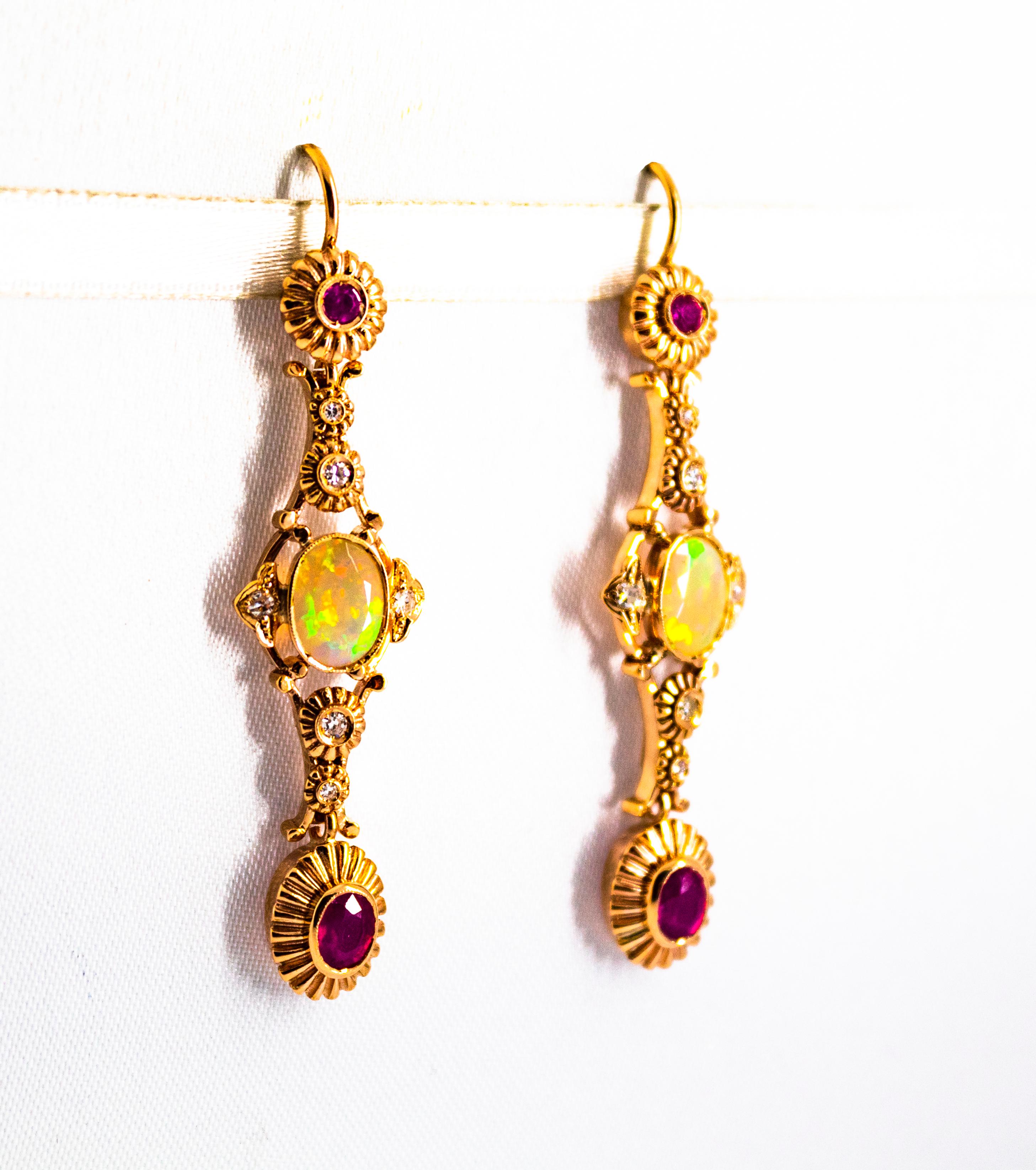 Art Deco Style 2.90 Carat White Diamond Ruby Opal Yellow Gold Stud Earrings For Sale 1