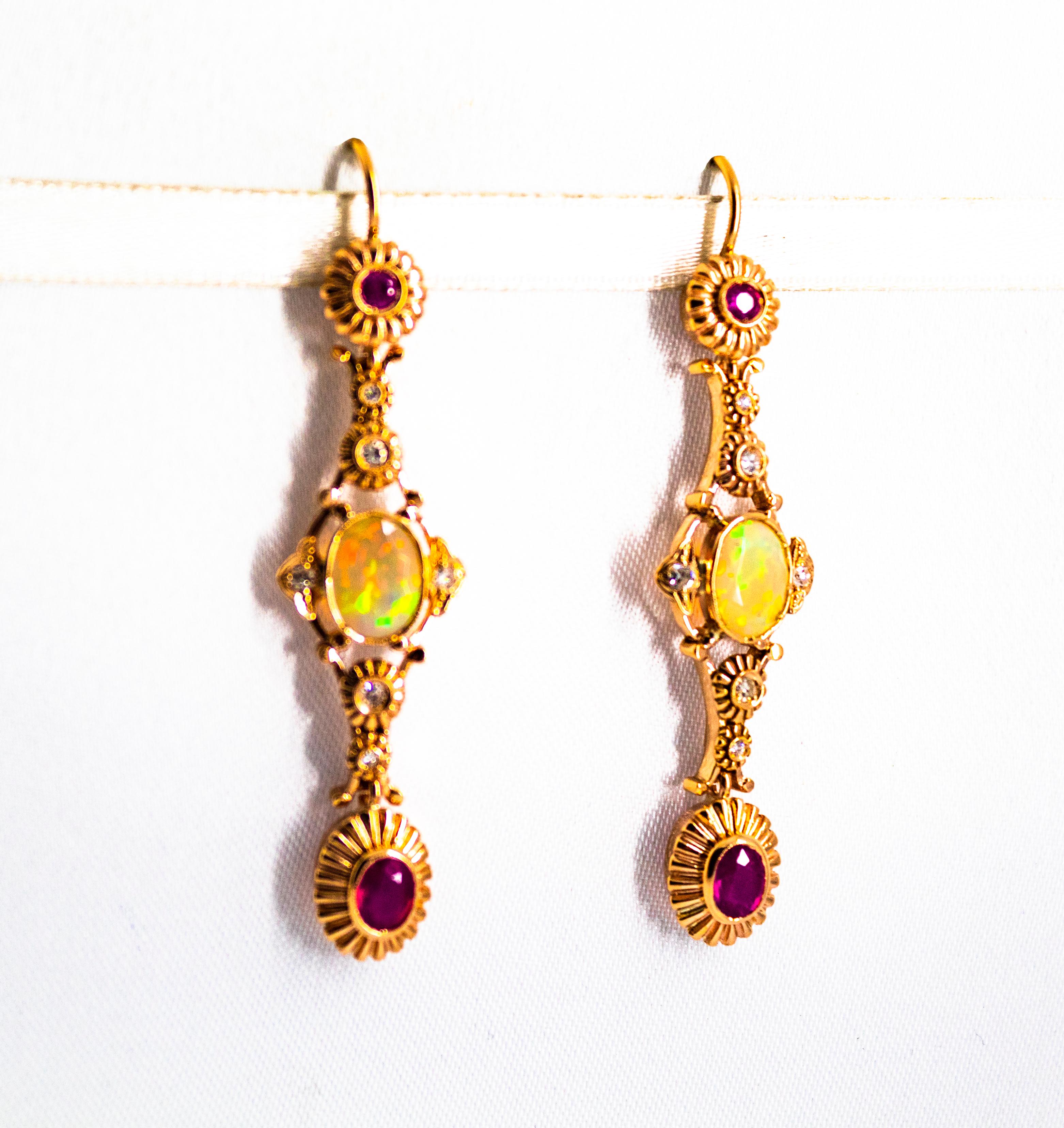 Art Deco Style 2.90 Carat White Diamond Ruby Opal Yellow Gold Stud Earrings For Sale 2
