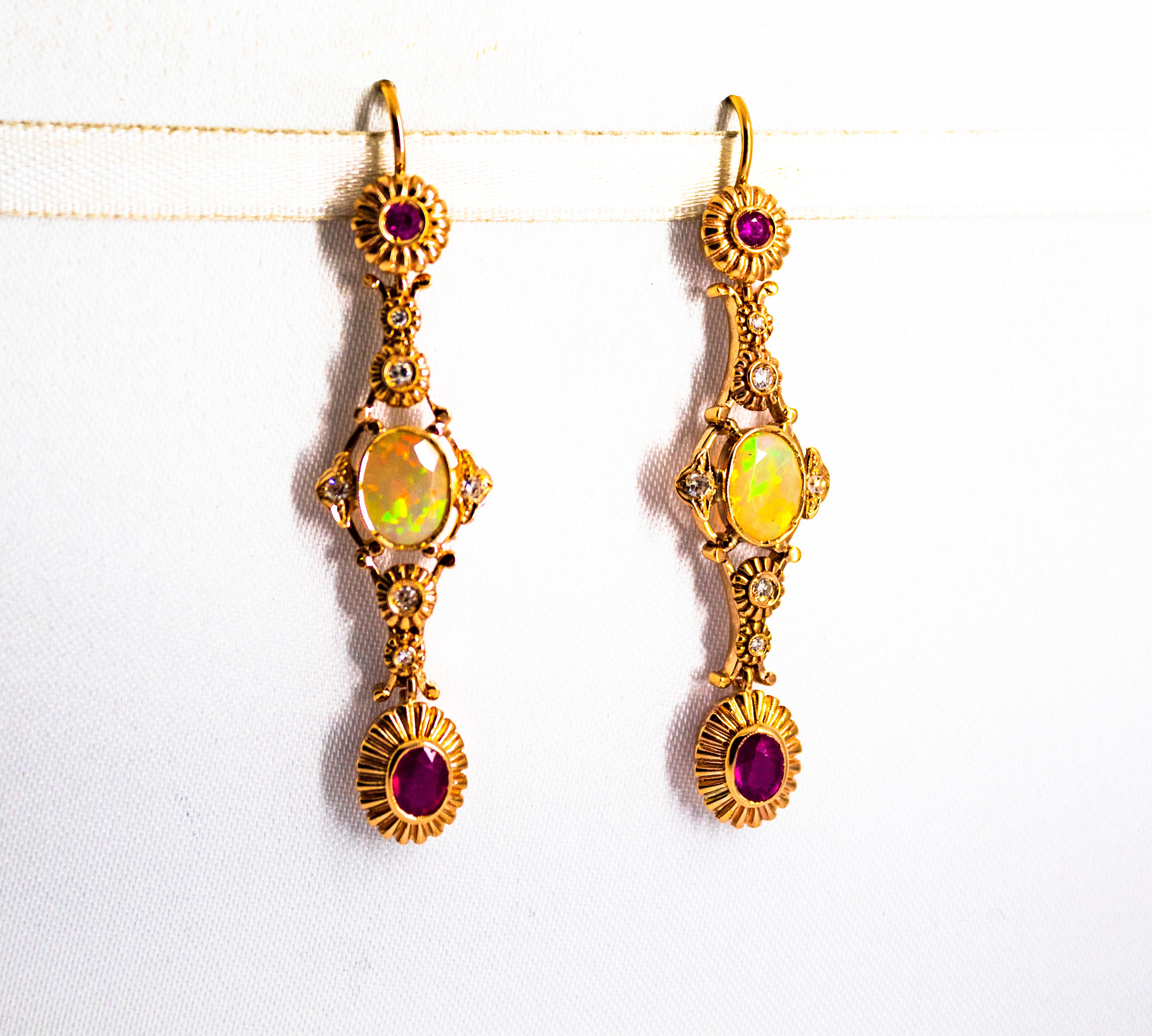 Art Deco Style 2.90 Carat White Diamond Ruby Opal Yellow Gold Stud Earrings For Sale 3
