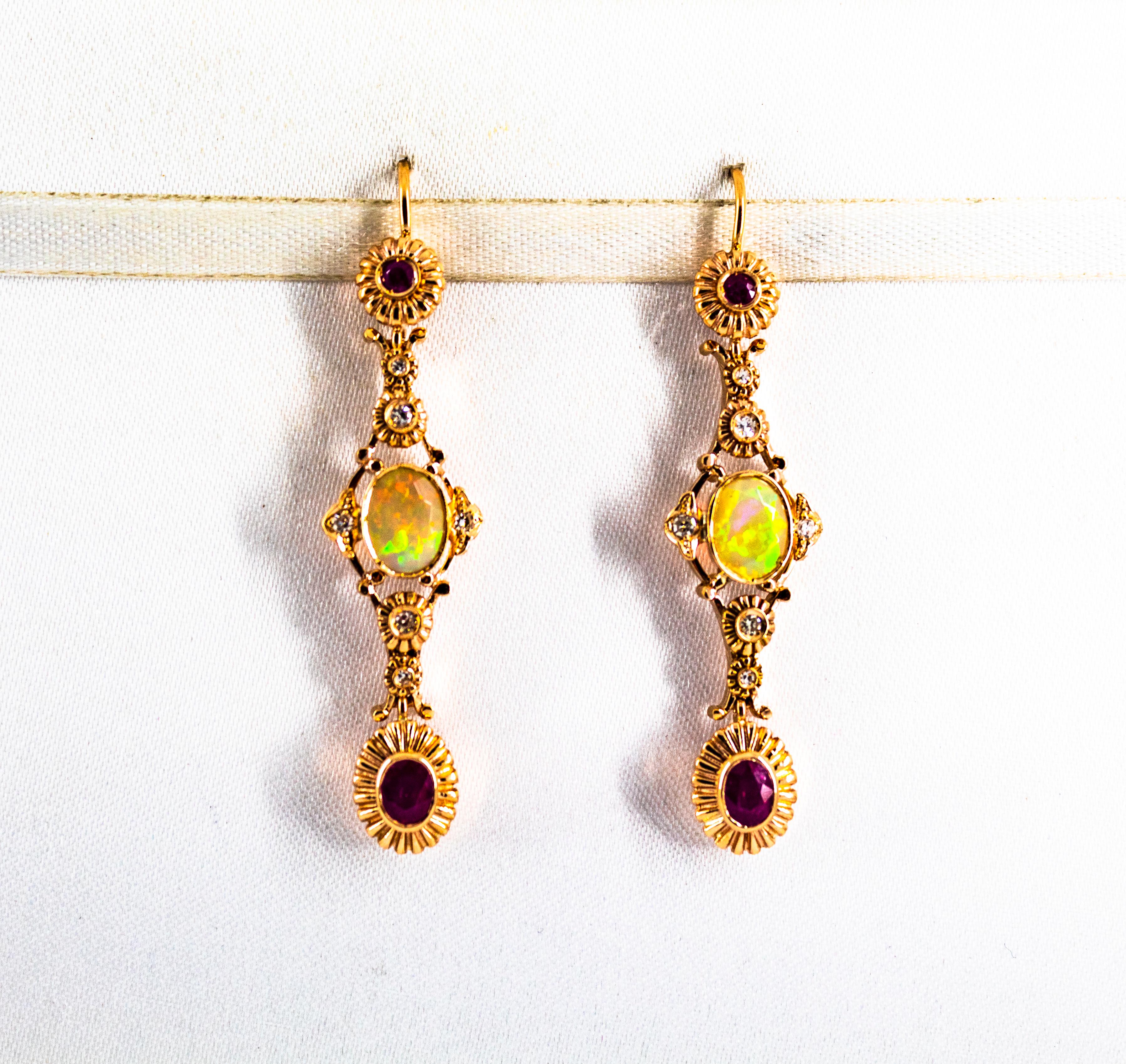 Art Deco Style 2.90 Carat White Diamond Ruby Opal Yellow Gold Stud Earrings For Sale 4