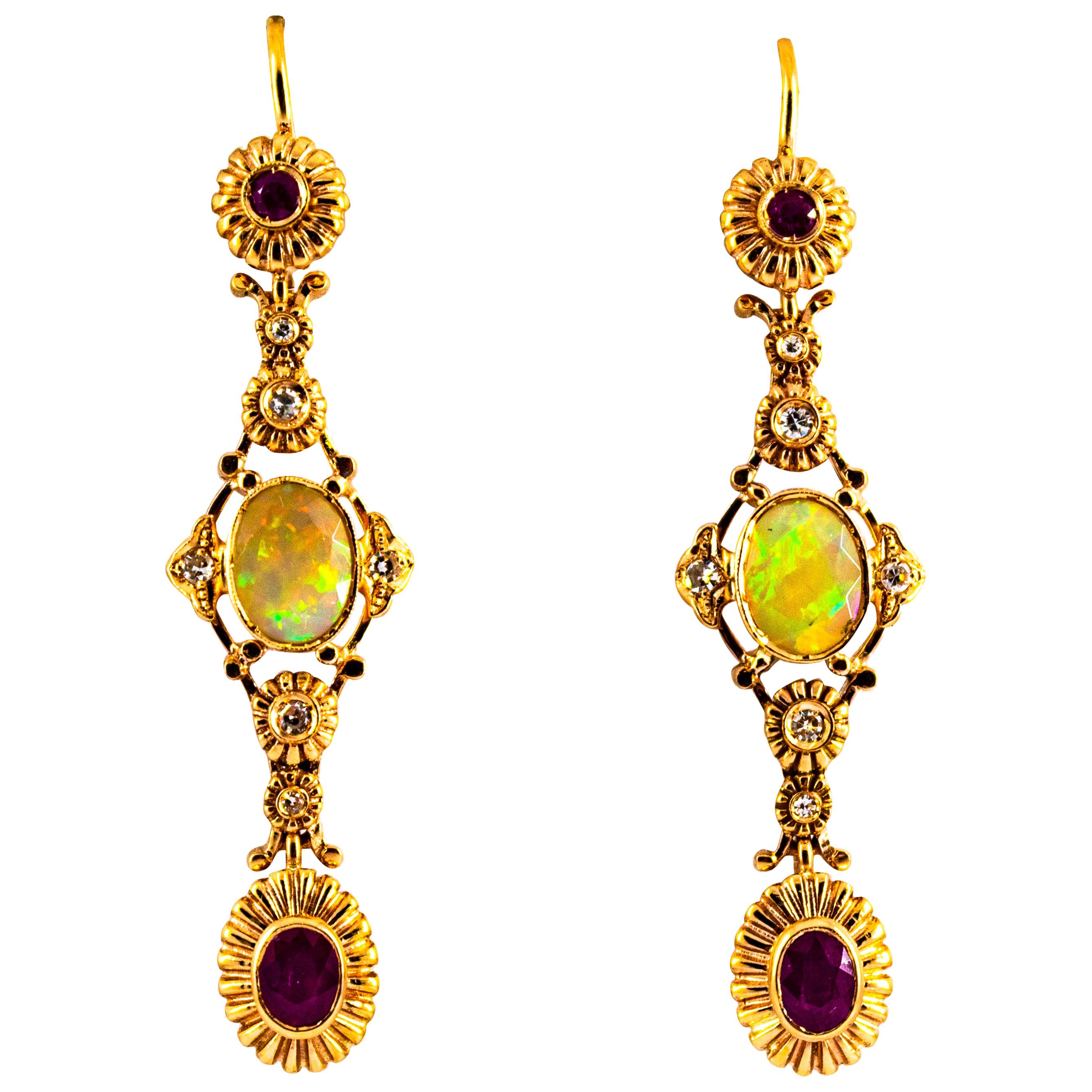 Art Deco Style 2.90 Carat White Diamond Ruby Opal Yellow Gold Stud Earrings For Sale