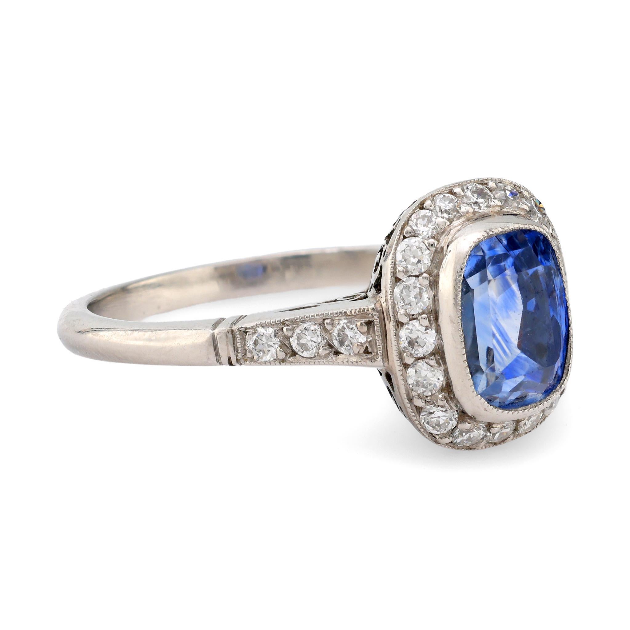 Cushion Cut Art Deco style 2.91 carat sapphire diamond platinum halo ring For Sale