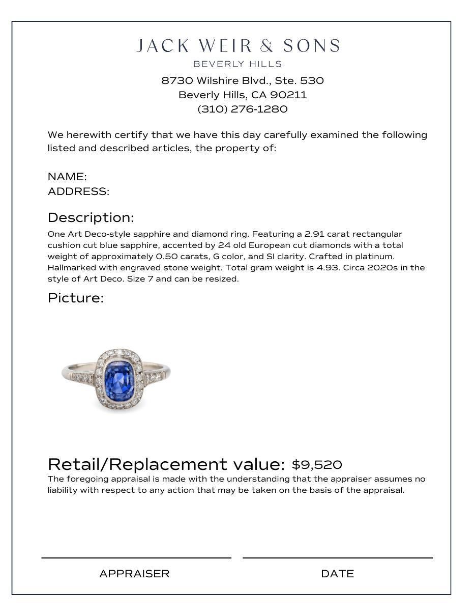 Women's or Men's Art Deco style 2.91 carat sapphire diamond platinum halo ring For Sale