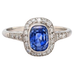 Anillo halo de platino con zafiro y diamante de 2,91 quilates estilo Art Déco