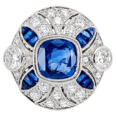 Art Deco Style 2.92 CT Center Sapphire, 1.20 TCW Diamond Platinum Cocktail Ring