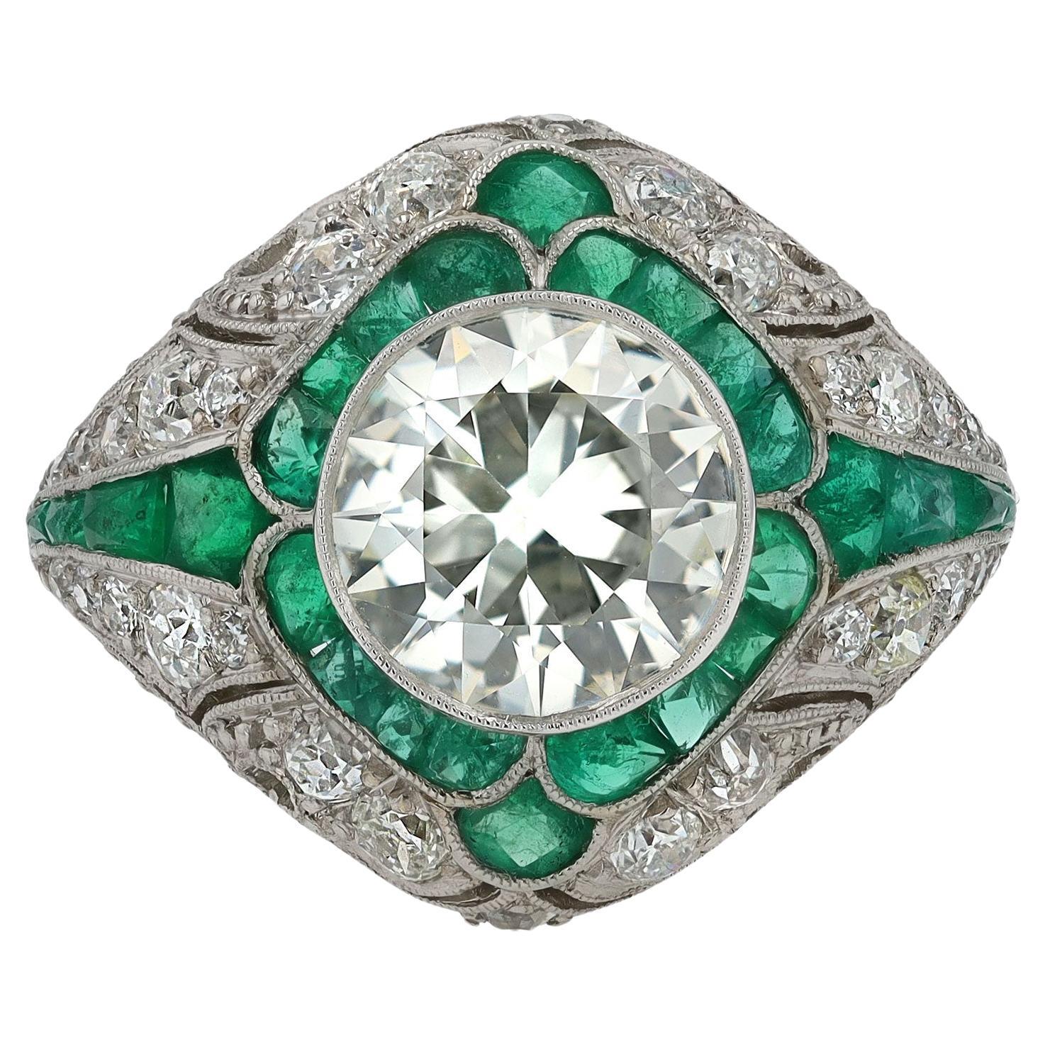 Art Deco Style 2.94 Carat Old European Cut Diamond and Emerald Bombè Ring In New Condition For Sale In Santa Barbara, CA