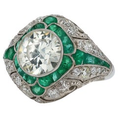 Art Deco Style 2.94 Carat Old European Cut Diamond and Emerald Bombè Ring