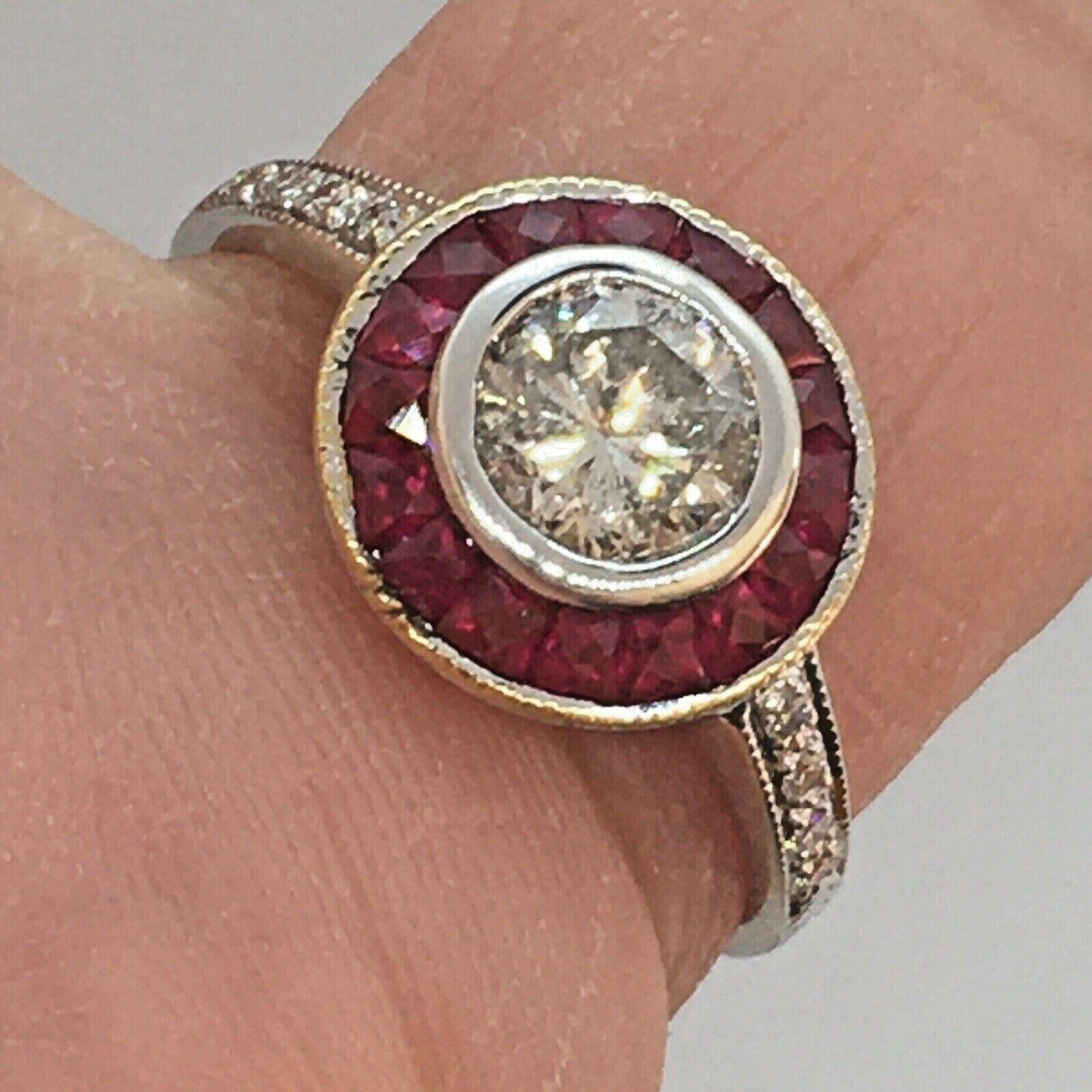 Art Deco Style 3/4 Carat TCW Modern Diamond & Ruby Target Halo Engagement Ring In Good Condition For Sale In Santa Monica, CA