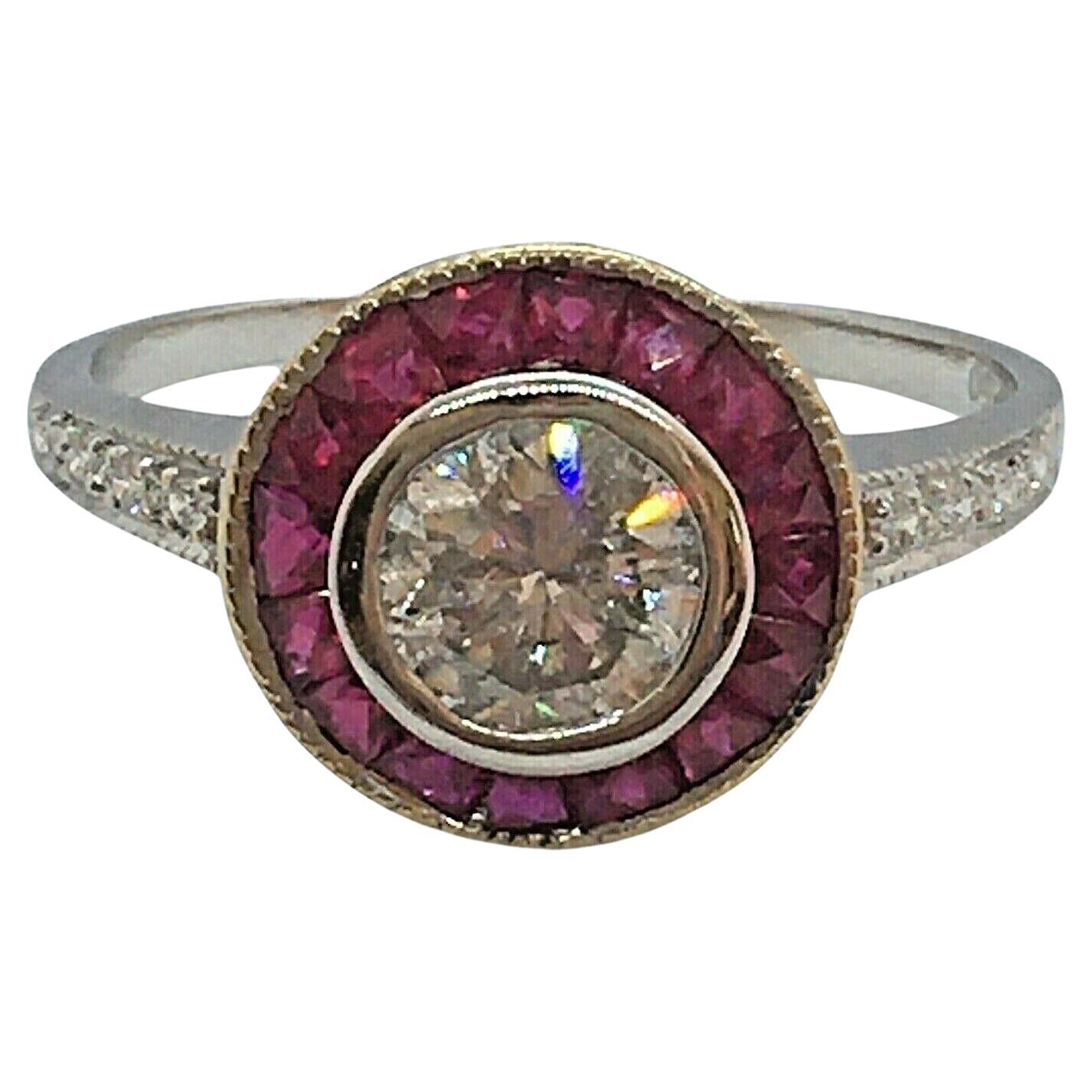 Anillo de compromiso moderno con halo de diamantes y rubíes de 3/4 quilates TCW estilo Art Decó