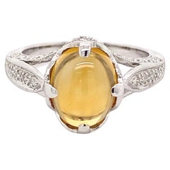 Art Deco Style 3 Carat Citrine with Diamond Ring 18 Karat White Gold
