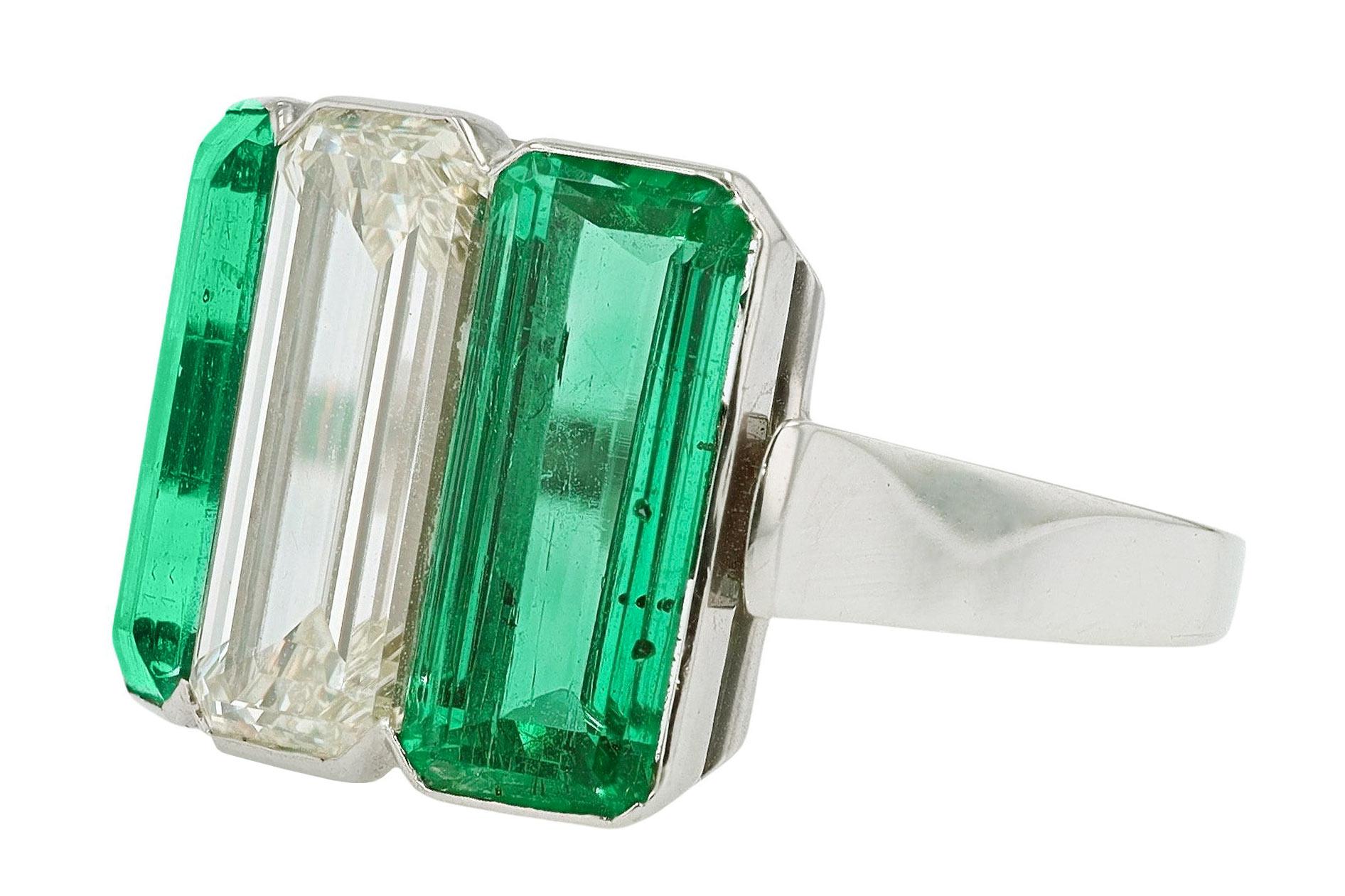 Women's Art Deco Style 3 Stone 7 Carat Emerald Diamond Engagement Ring