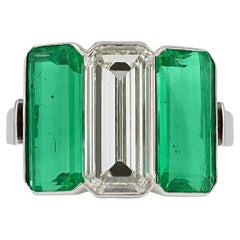 Art Deco Style 3 Stone 7 Carat Emerald Diamond Engagement Ring